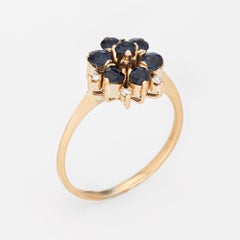Sapphire Diamond Cluster Ring Vintage 14k Yellow Gold Round Flower Jewelry