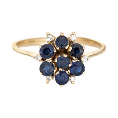 Sapphire Diamond Cluster Ring Vintage 14k Yellow Gold Round Flower Jewelry