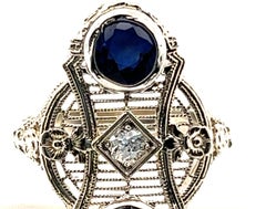 Sapphire Diamond Cocktail Ring 1.41ct Antique Art Deco Flowers 14k Original 1920