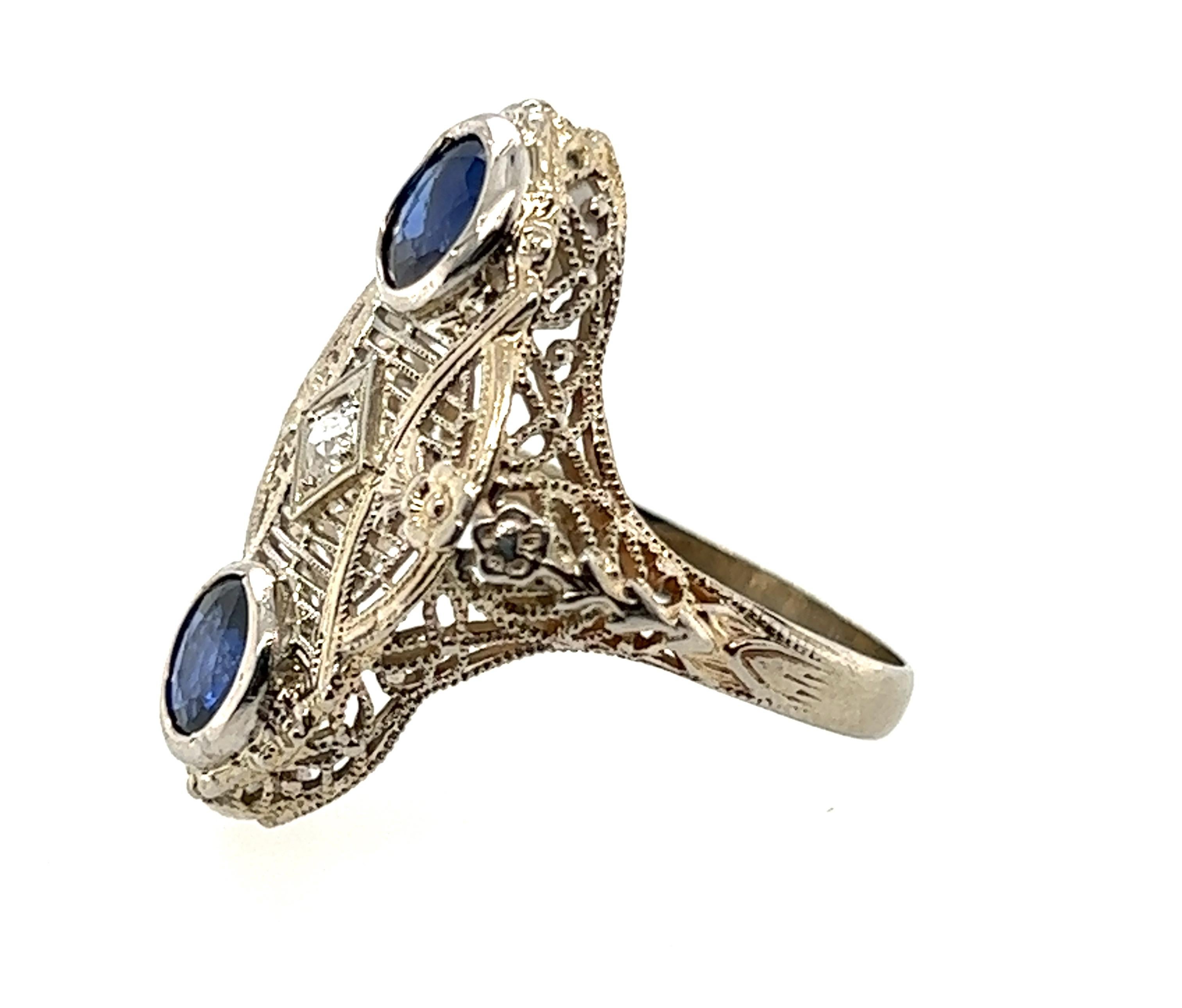 Bague cocktail en saphir et diamant 1,41 carat Fleurs Art déco anciennes 14 carats d'origine 1920 en vente 1