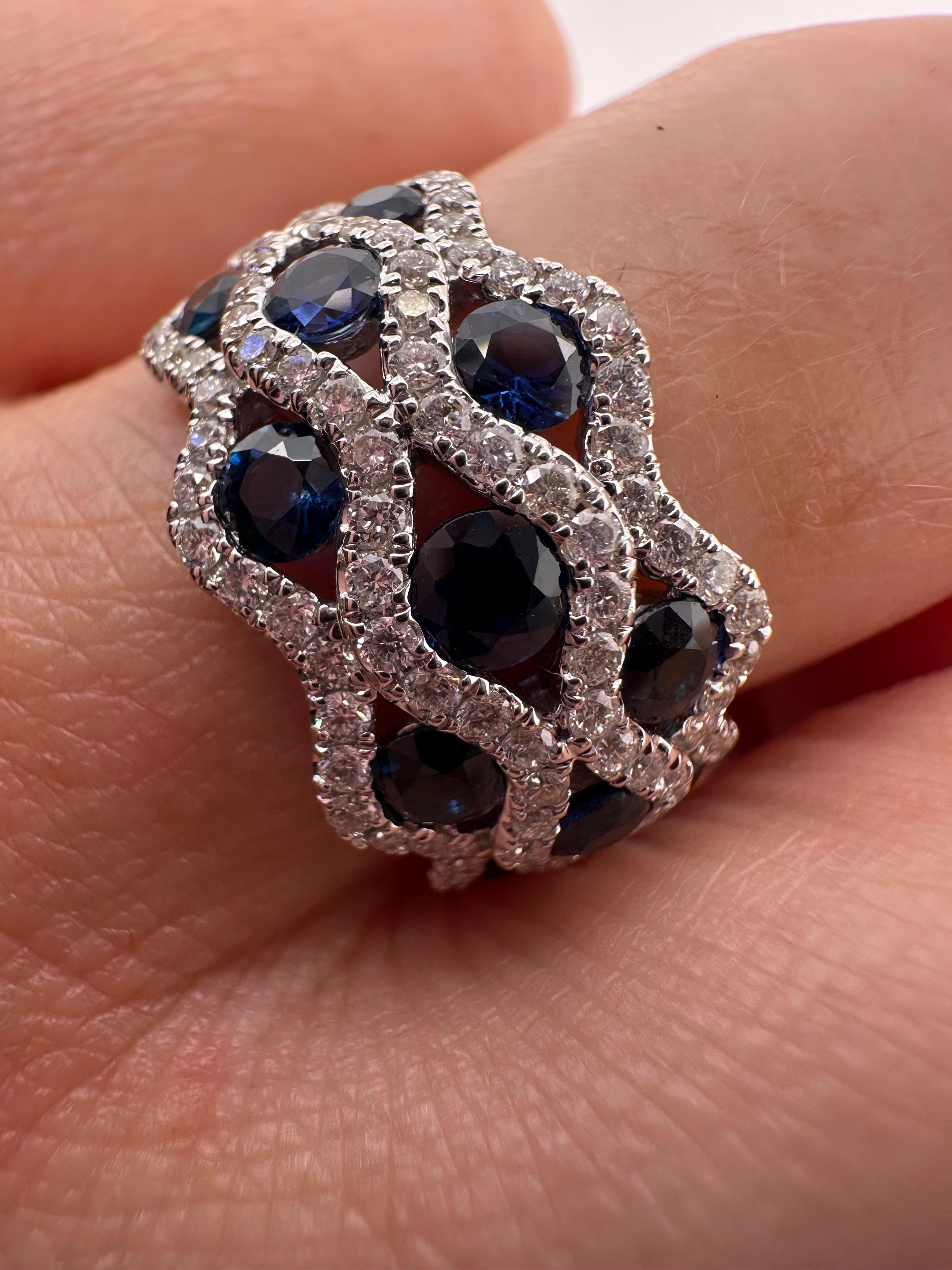 Saphir Diamant bague de cocktail Or blanc 18KT Bague vagues de l'océan Neuf - En vente à Boca Raton, FL