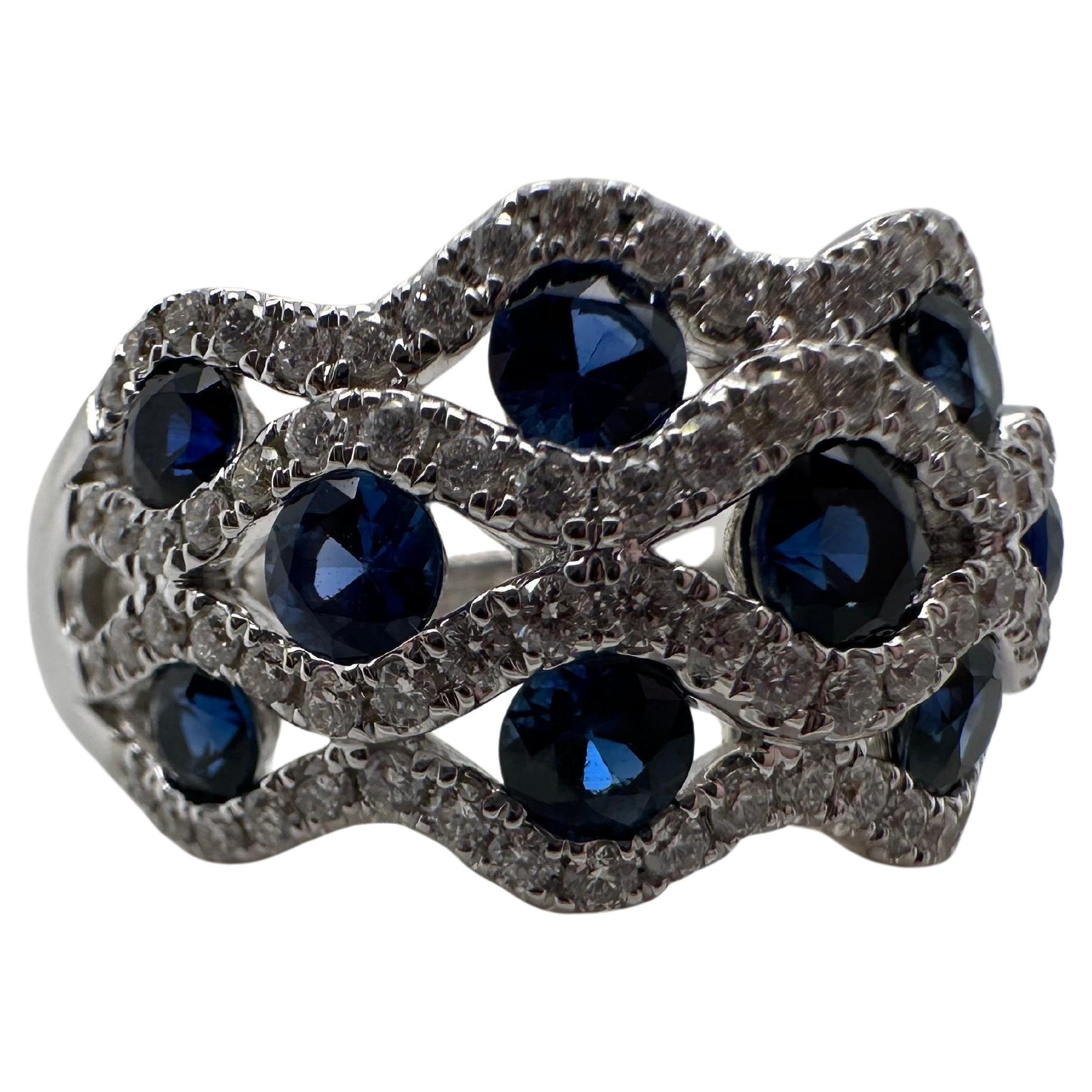 Anillo de cóctel Zafiro Diamante Oro blanco 18KT Anillo Olas del océano