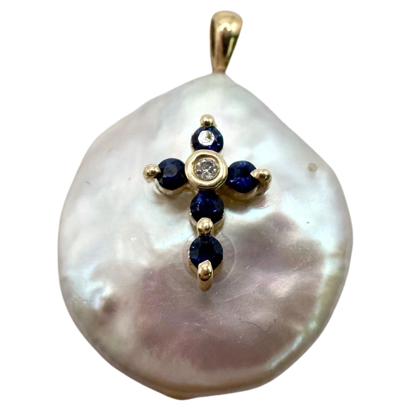 Sapphire Diamond cross pendant baroque pearld pendant 14KT gold For Sale