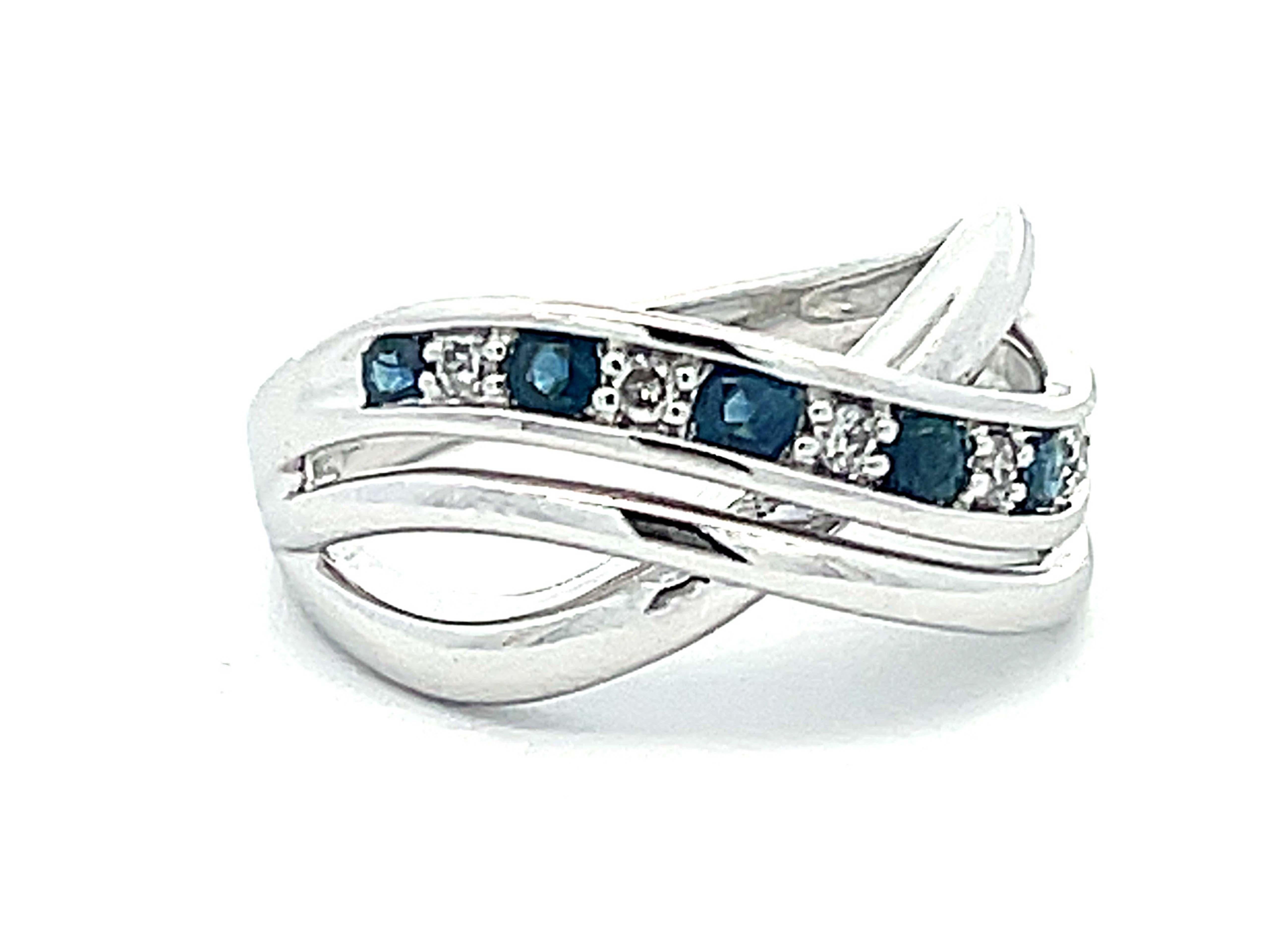 Modern Sapphire Diamond Crossover Band Ring in 14k White Gold For Sale