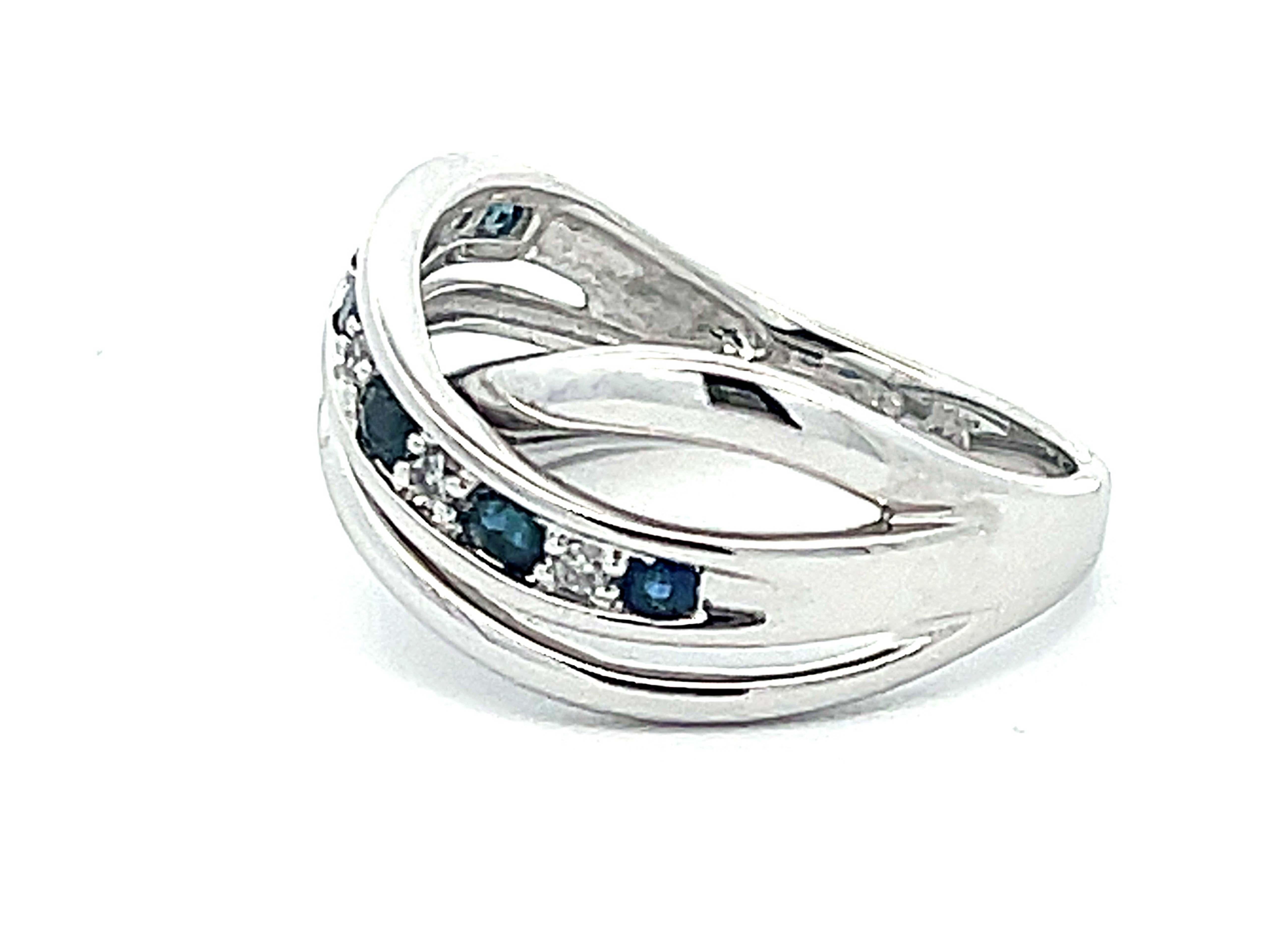 Brilliant Cut Sapphire Diamond Crossover Band Ring in 14k White Gold For Sale