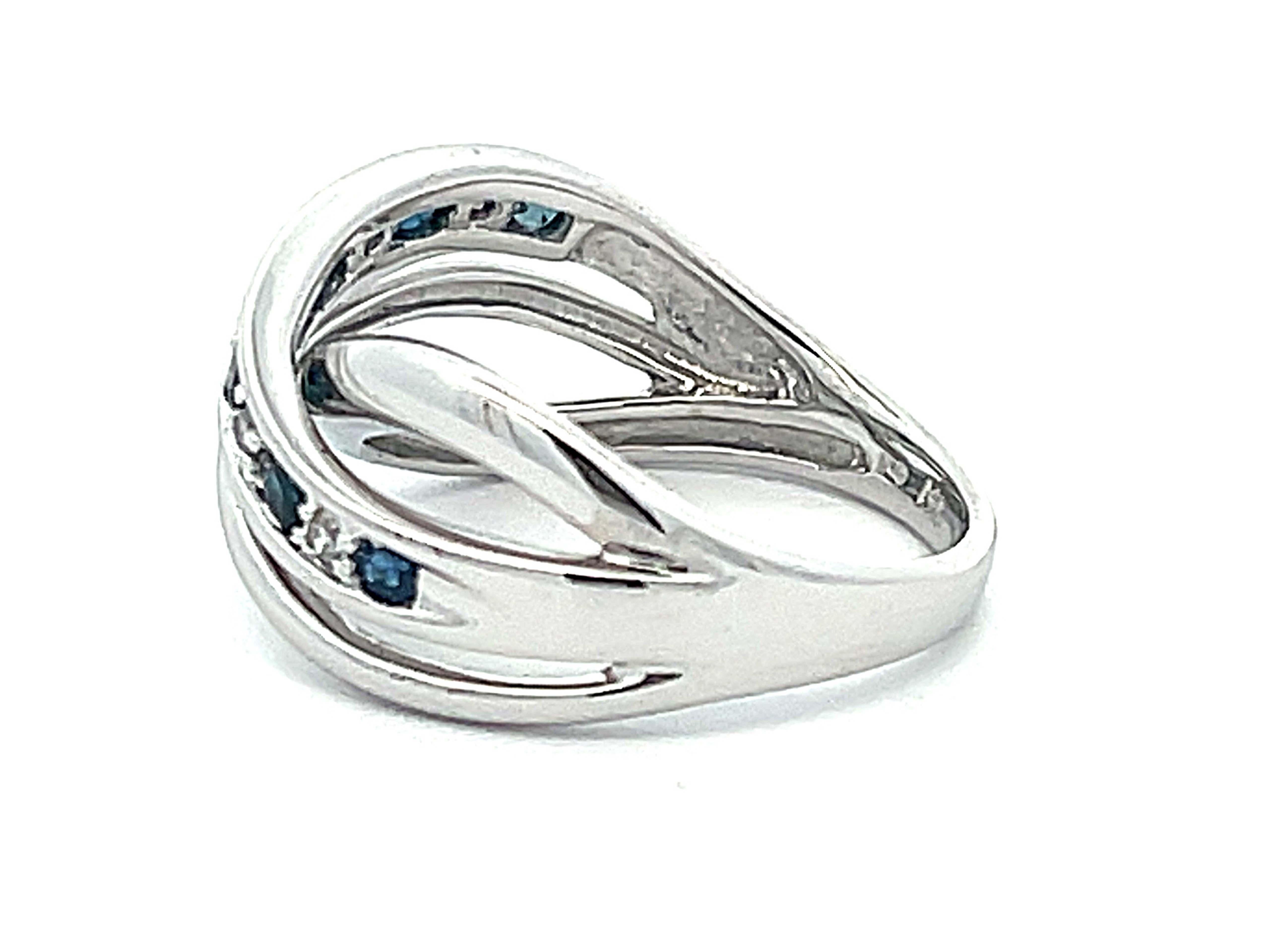 Men's Sapphire Diamond Crossover Band Ring in 14k White Gold For Sale