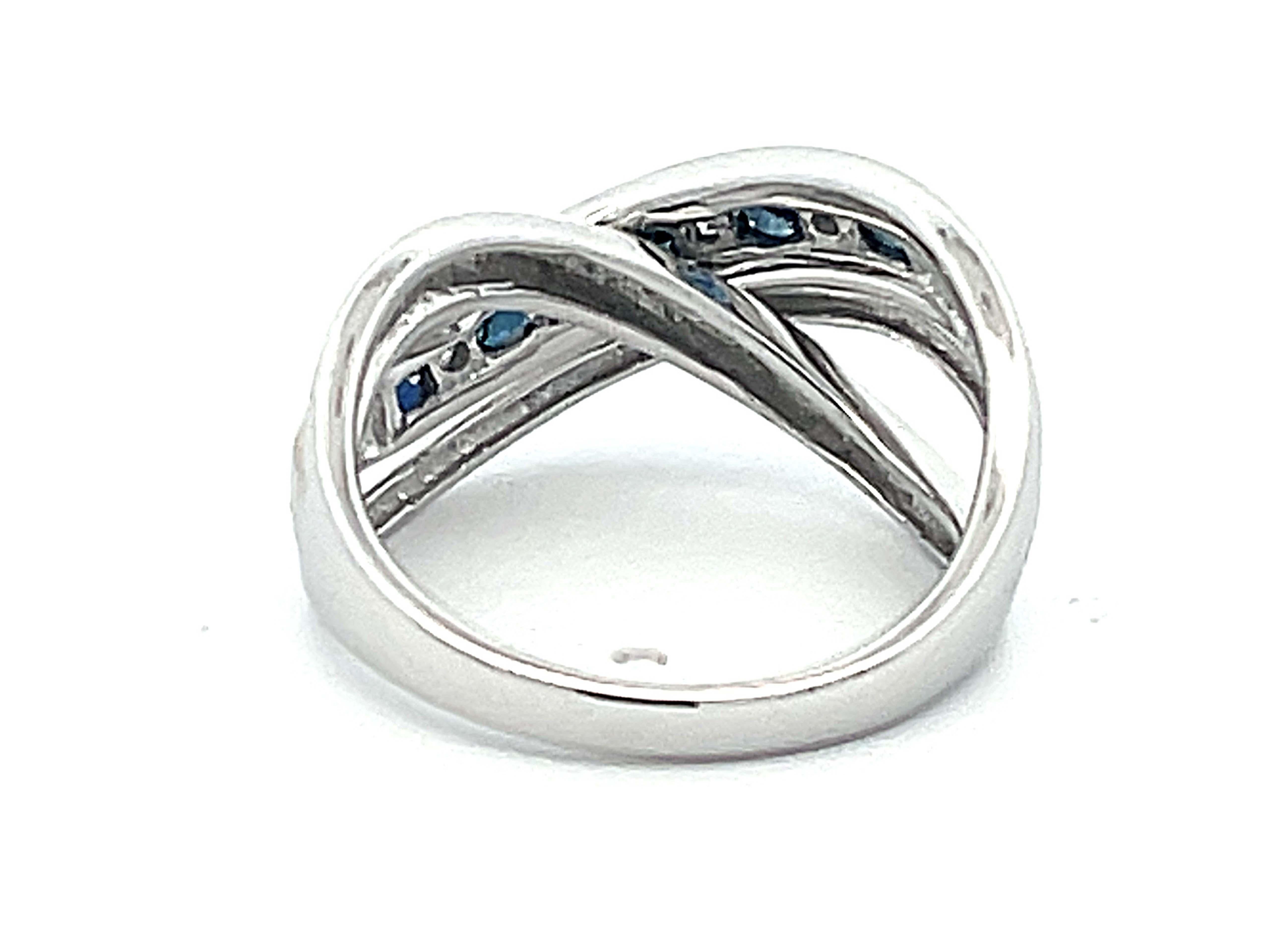 Sapphire Diamond Crossover Band Ring in 14k White Gold For Sale 1