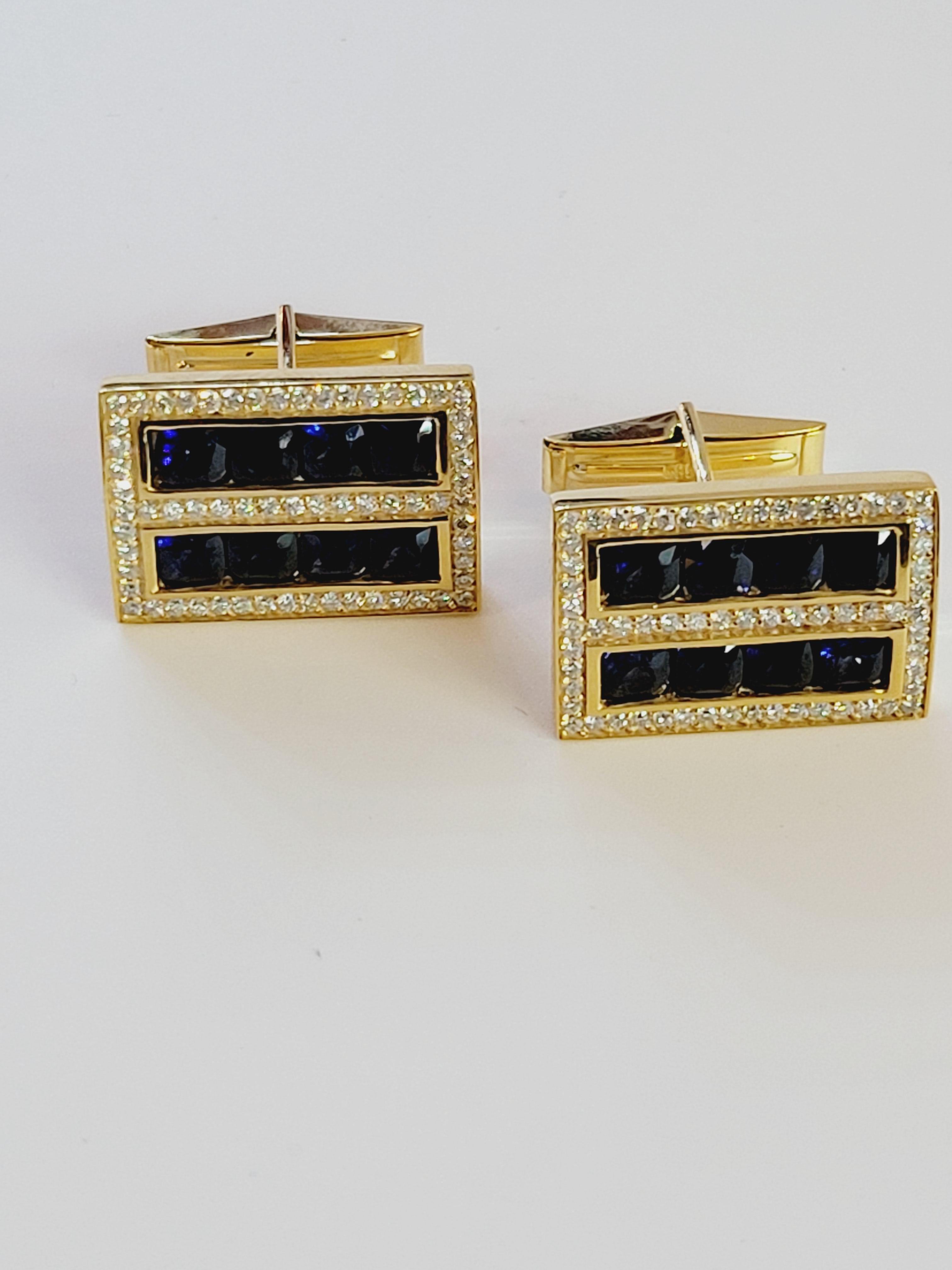 Men's Sapphire Diamond Cufflink Stud Set 14Karat Gold For Sale