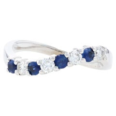 Retro Sapphire & Diamond Curved Band Ring, 14k White Gold Round Brilliant .70ctw
