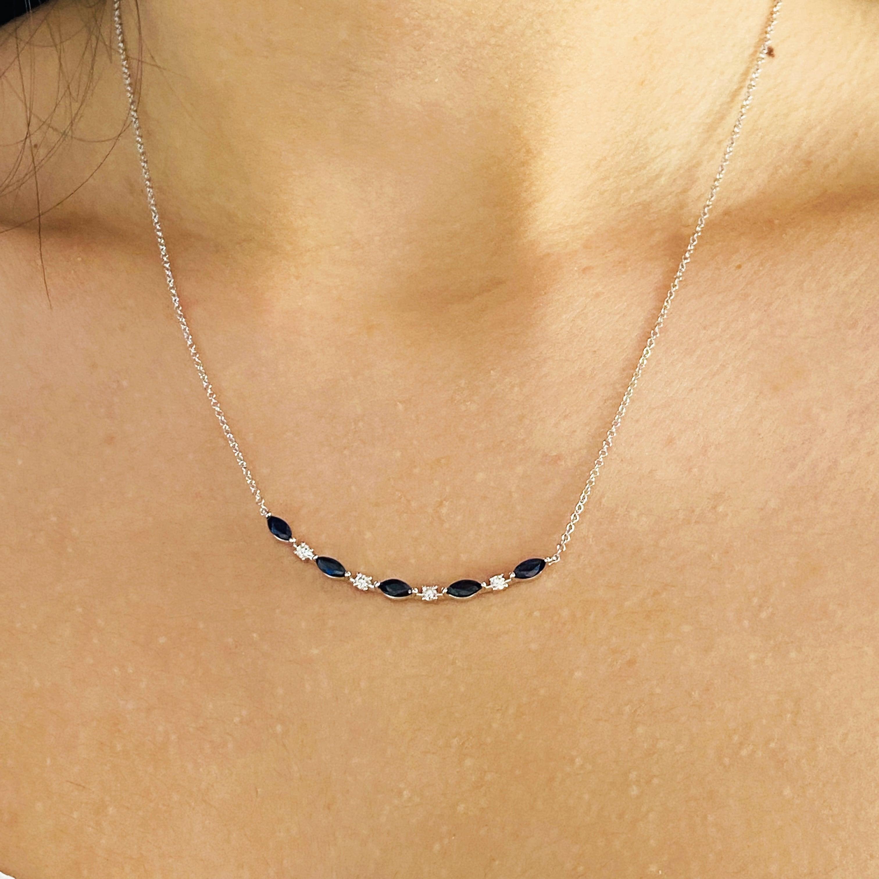 Contemporary Sapphire & Diamond Curved Bar Necklace 14K White Gold Minimalist NK7253W45SA LV For Sale