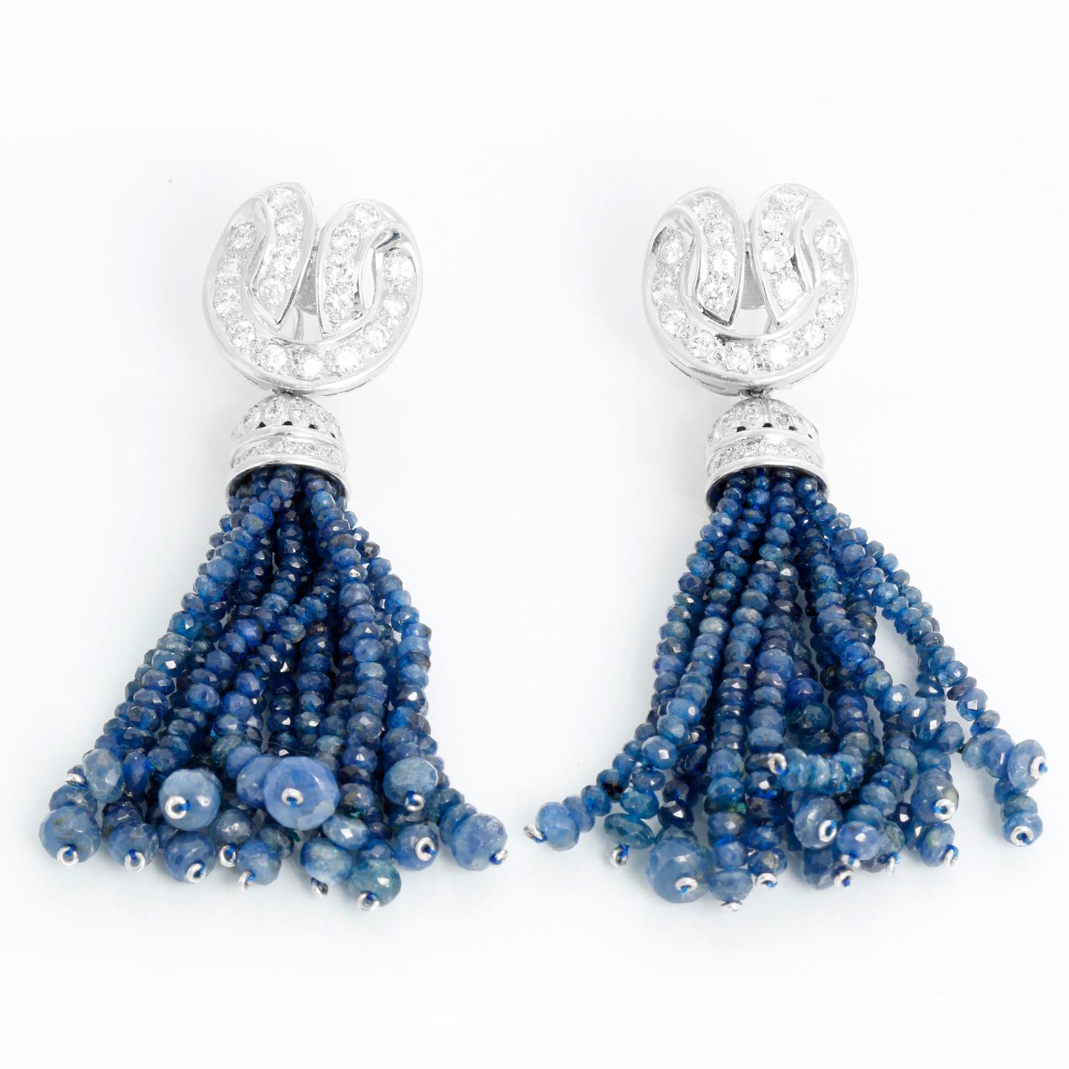 Sapphire & Diamond Dangle Earrings - Tassel earrings featuring full cut diamonds weighing 2.50 carats. with Sapphire beads ranging from 2.25mm to 8.85 mm set in 14K White gold. Dimensions are 3 inches by 13/16 inch. Diamond Color G-H-I Clarity SI.