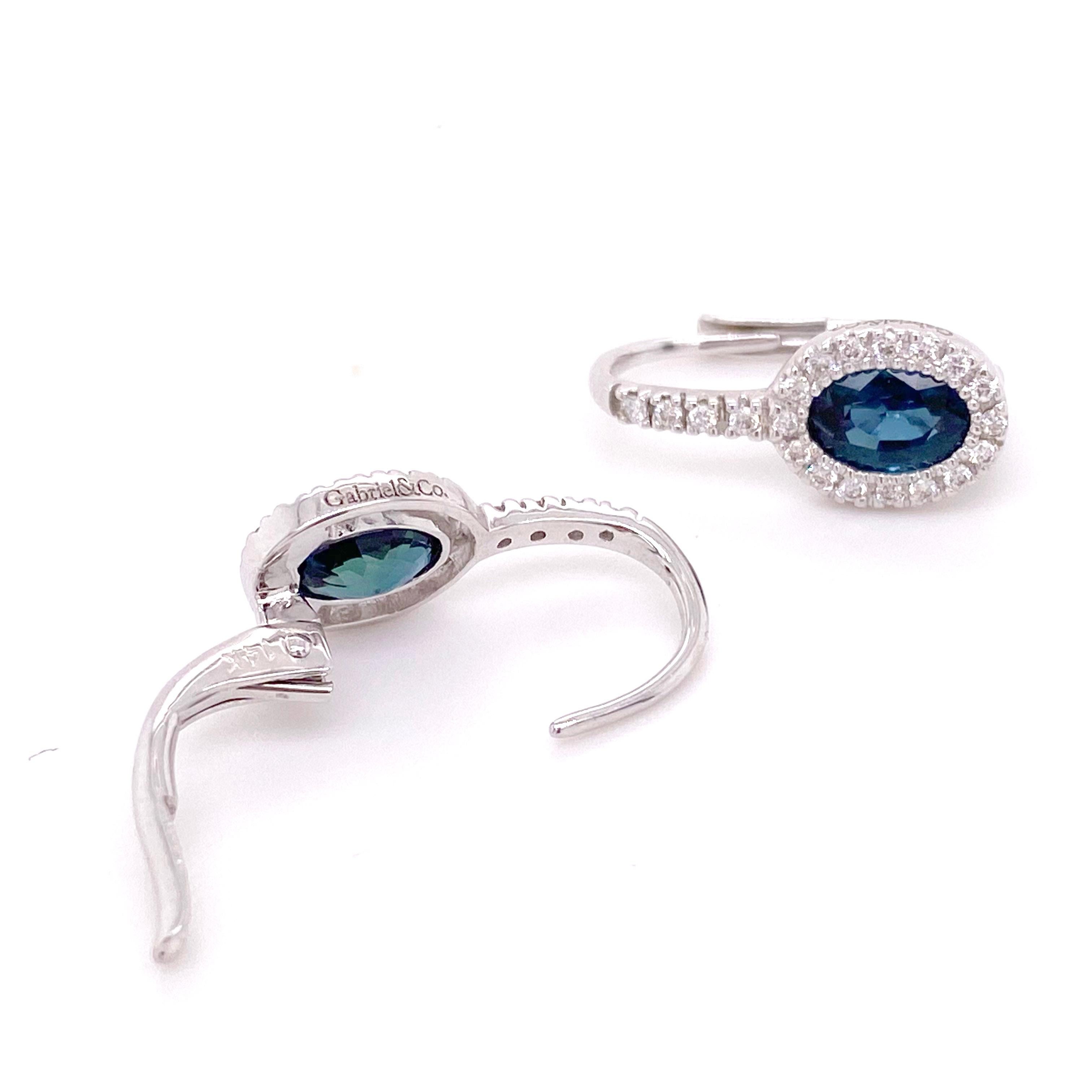 Oval Cut Sapphire Diamond Dangle Earrings, Oval Sapphire, White Gold Lever-Back Earrings For Sale