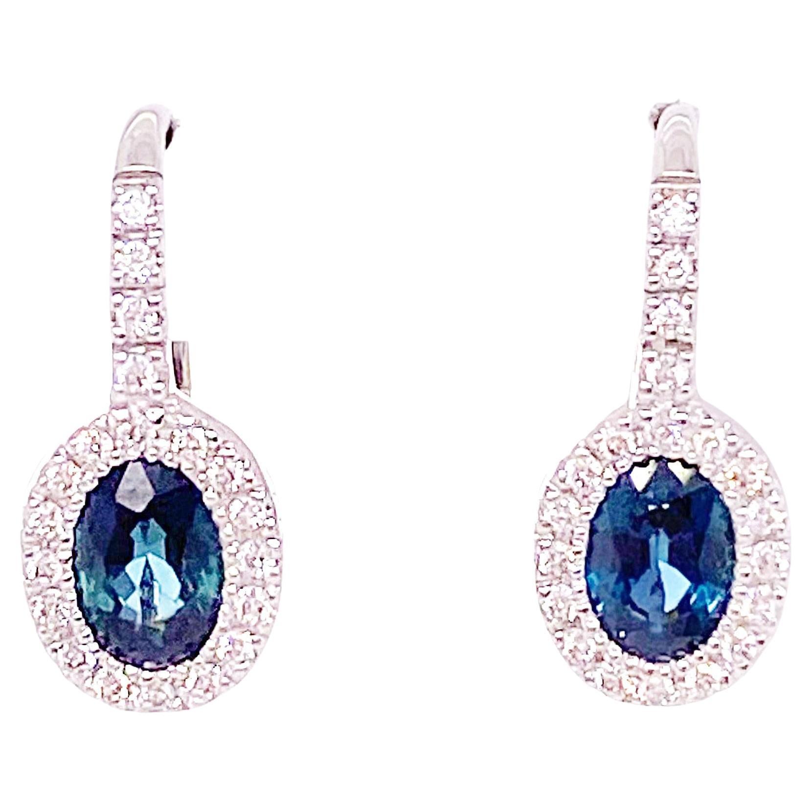 Sapphire Diamond Dangle Earrings, Oval Sapphire, White Gold Lever-Back Earrings