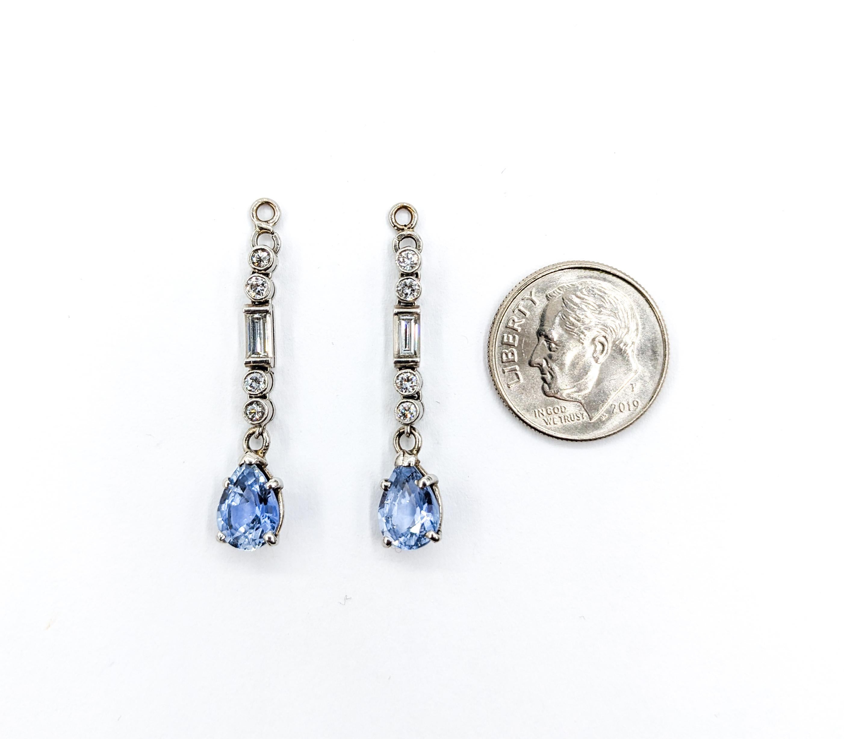 Baguette Cut Sapphire & Diamond Dangly Earrings In White Gold