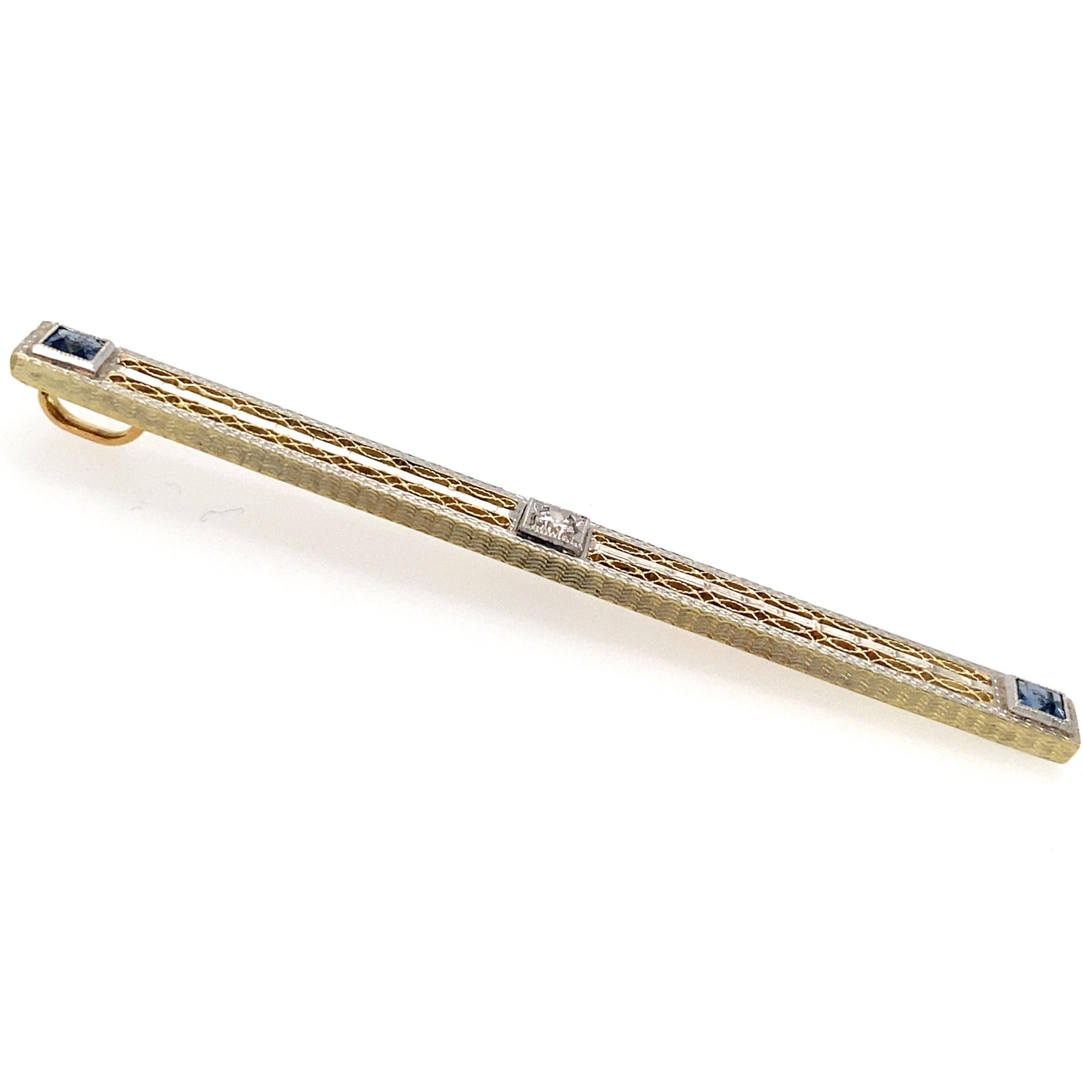 Art Deco Sapphire & Diamond Deco-Era Gold Converted Bar Pin Pendant on Steel & Gold Chain For Sale