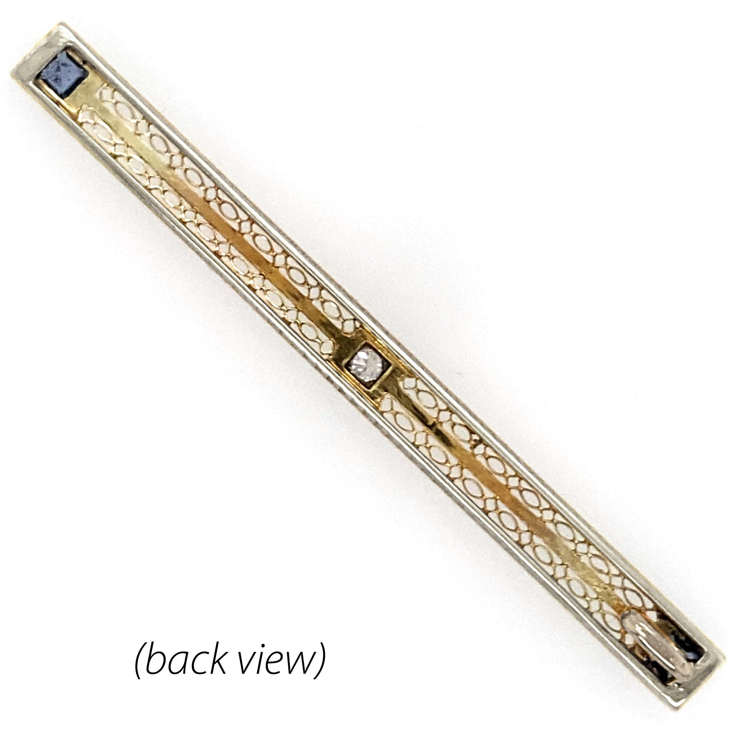 Square Cut Sapphire & Diamond Deco-Era Gold Converted Bar Pin Pendant on Steel & Gold Chain For Sale