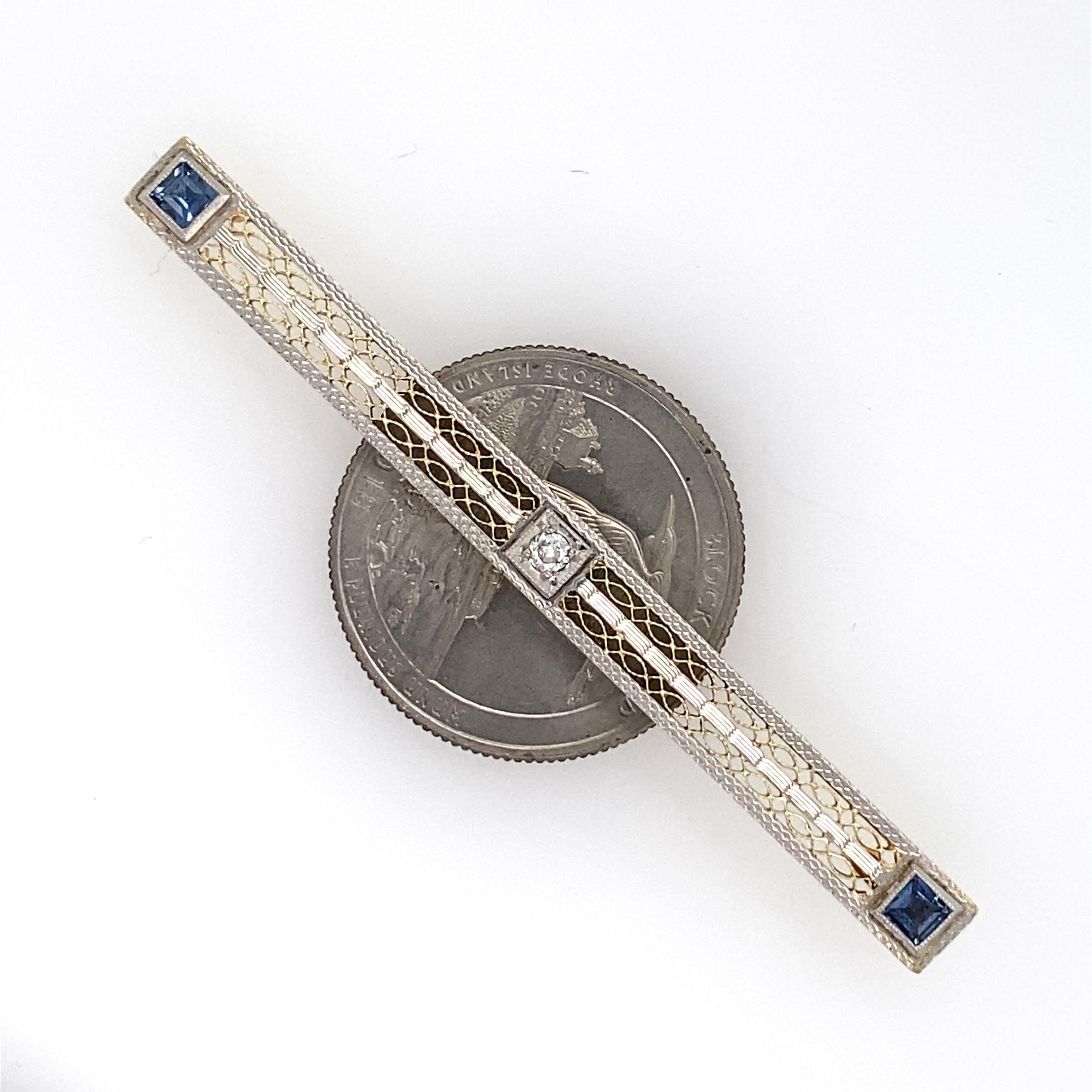 Women's or Men's Sapphire & Diamond Deco-Era Gold Converted Bar Pin Pendant on Steel & Gold Chain For Sale