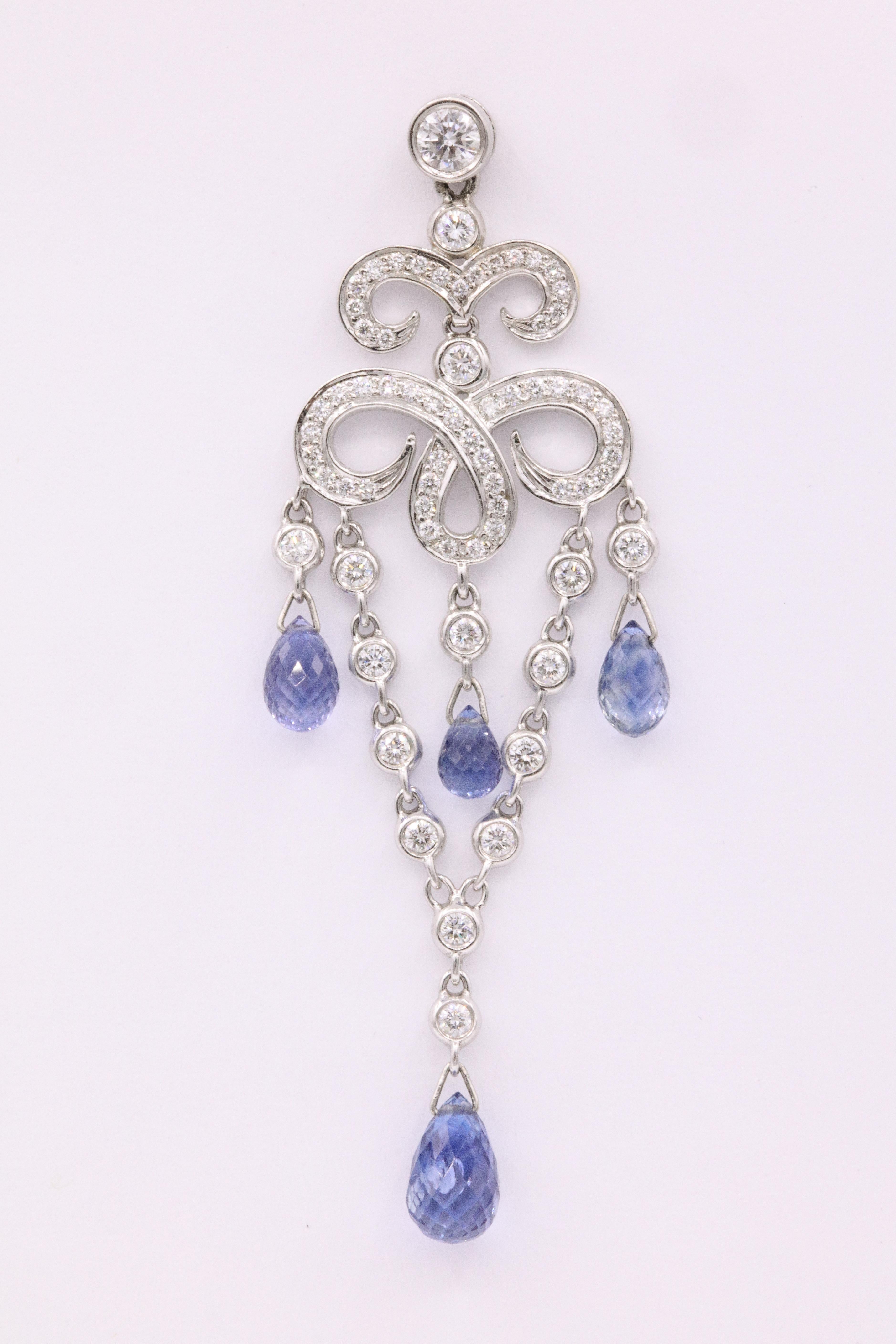 Art Deco Sapphire Diamond Deco Inspired Drop Earrings 7.71 Carat 18 Karat White Gold For Sale