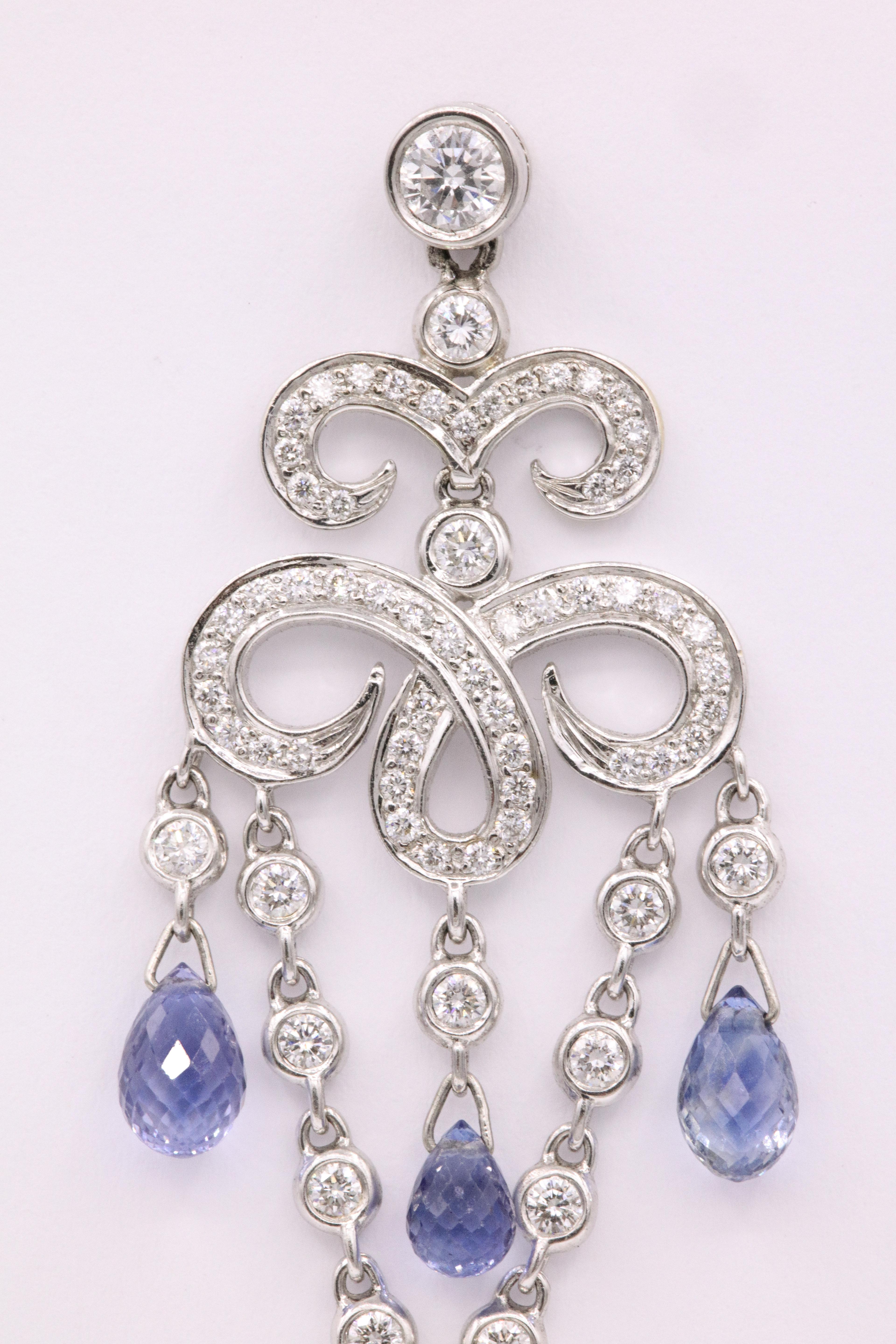 Round Cut Sapphire Diamond Deco Inspired Drop Earrings 7.71 Carat 18 Karat White Gold For Sale