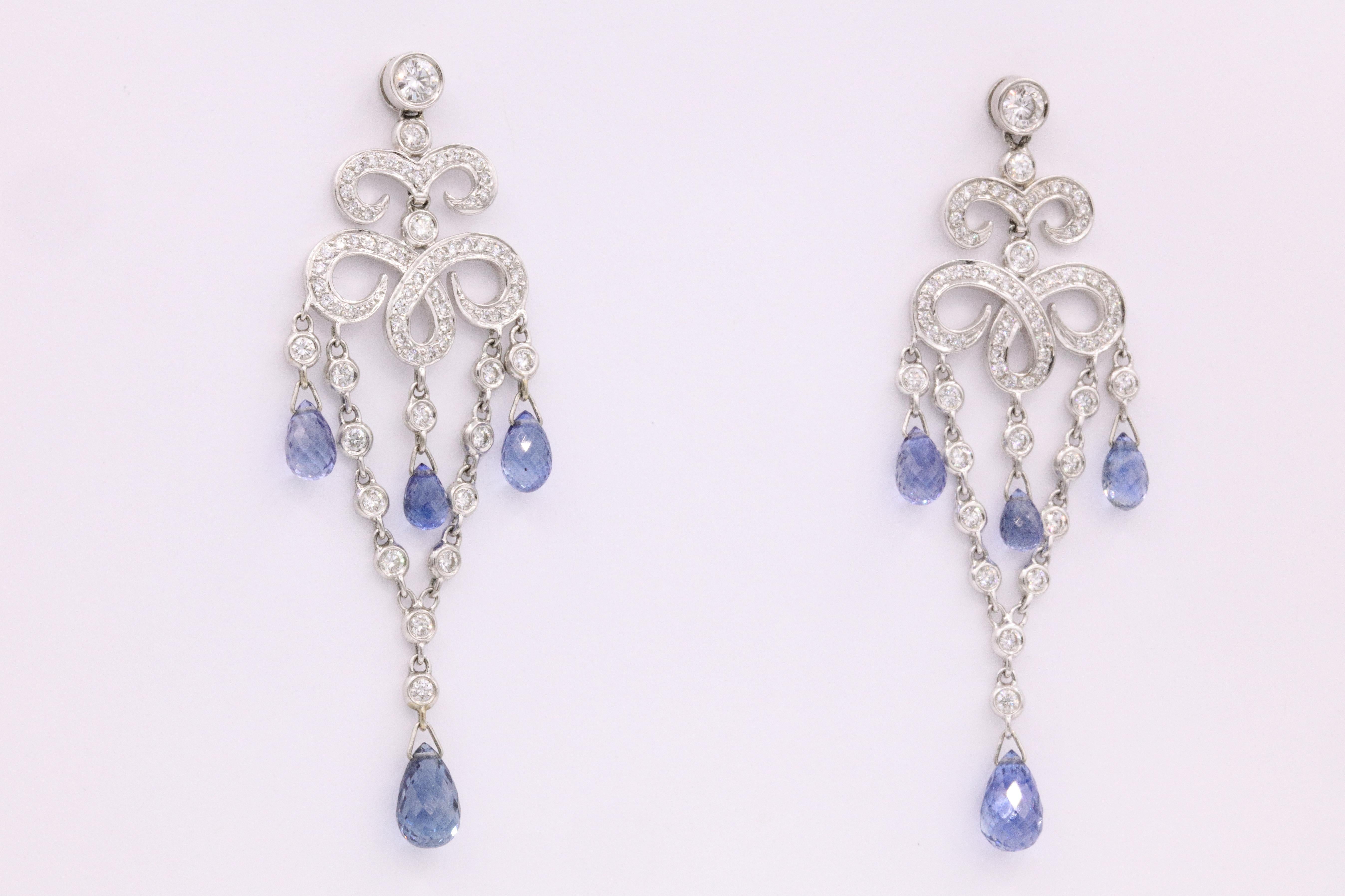 Women's Sapphire Diamond Deco Inspired Drop Earrings 7.71 Carat 18 Karat White Gold For Sale