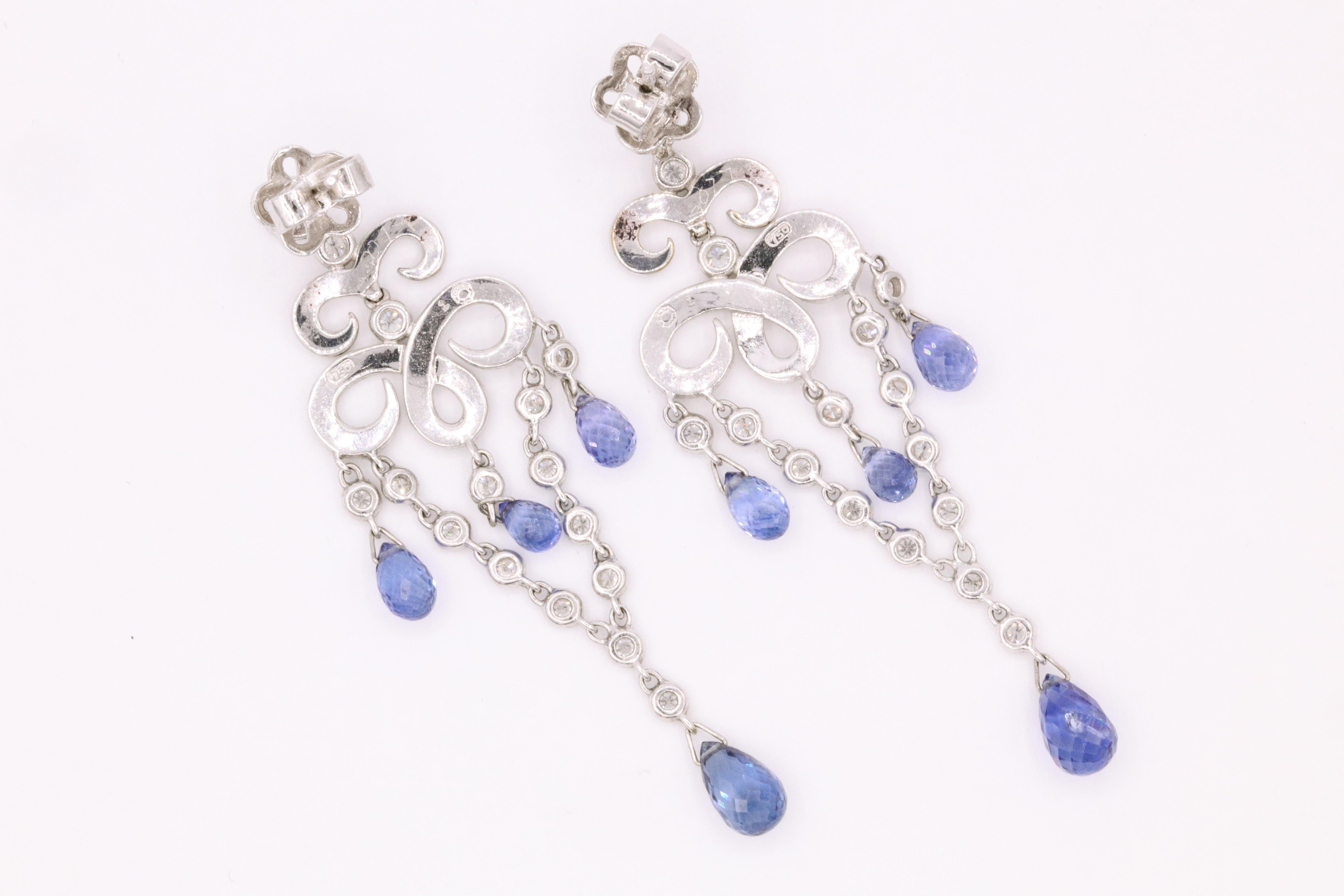 Sapphire Diamond Deco Inspired Drop Earrings 7.71 Carat 18 Karat White Gold For Sale 1