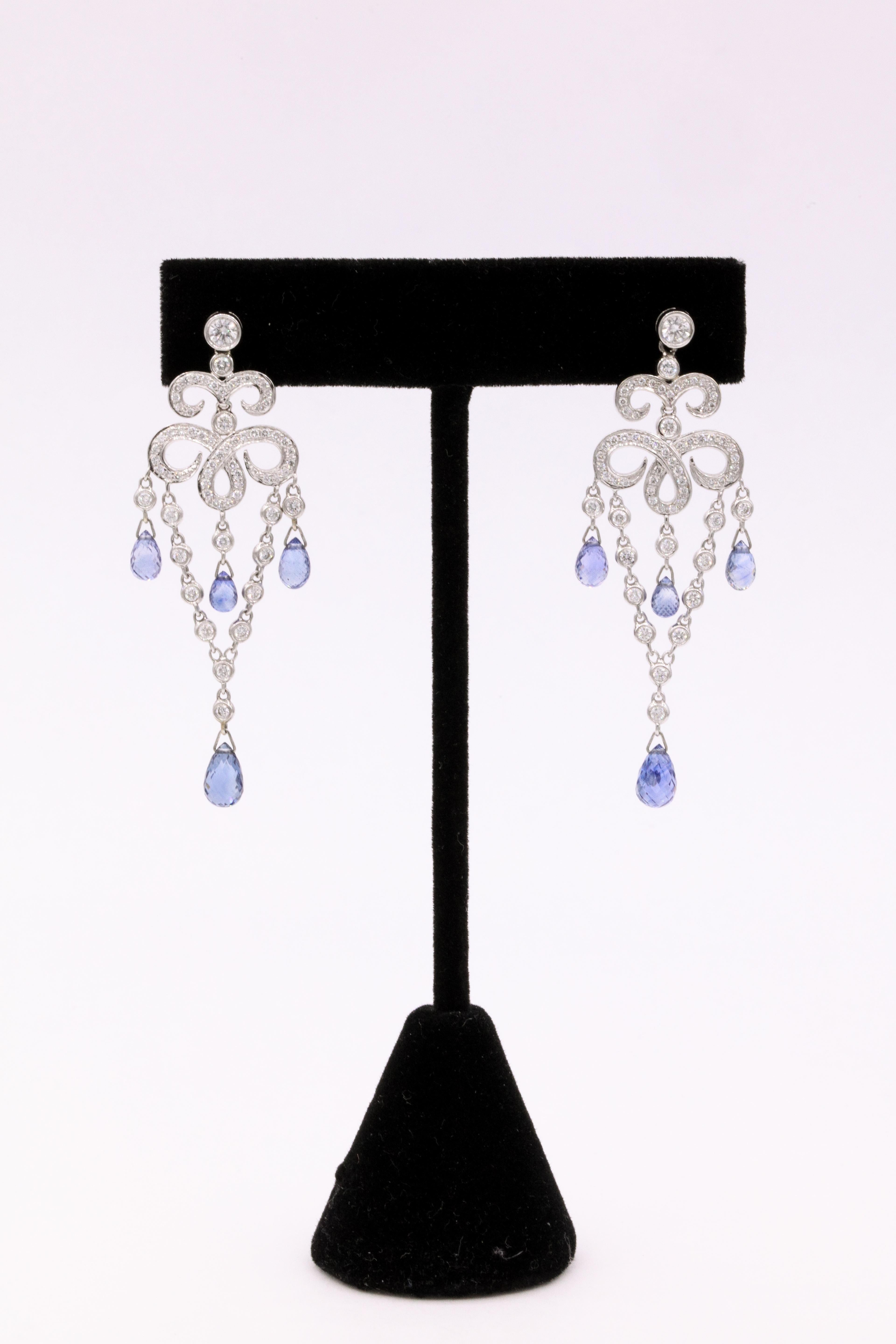 Sapphire Diamond Deco Inspired Drop Earrings 7.71 Carat 18 Karat White Gold For Sale 2