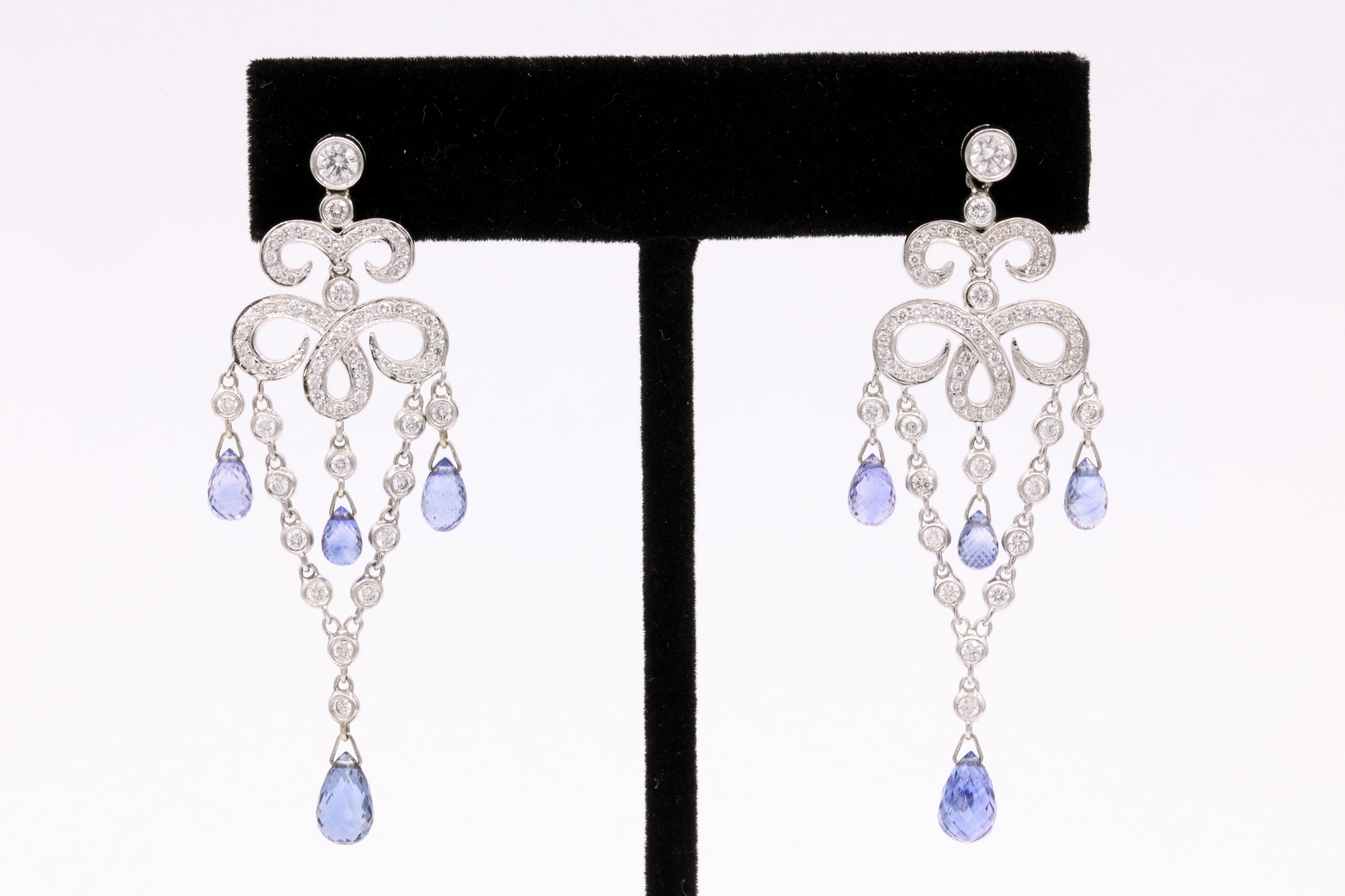 Sapphire Diamond Deco Inspired Drop Earrings 7.71 Carat 18 Karat White Gold For Sale 3