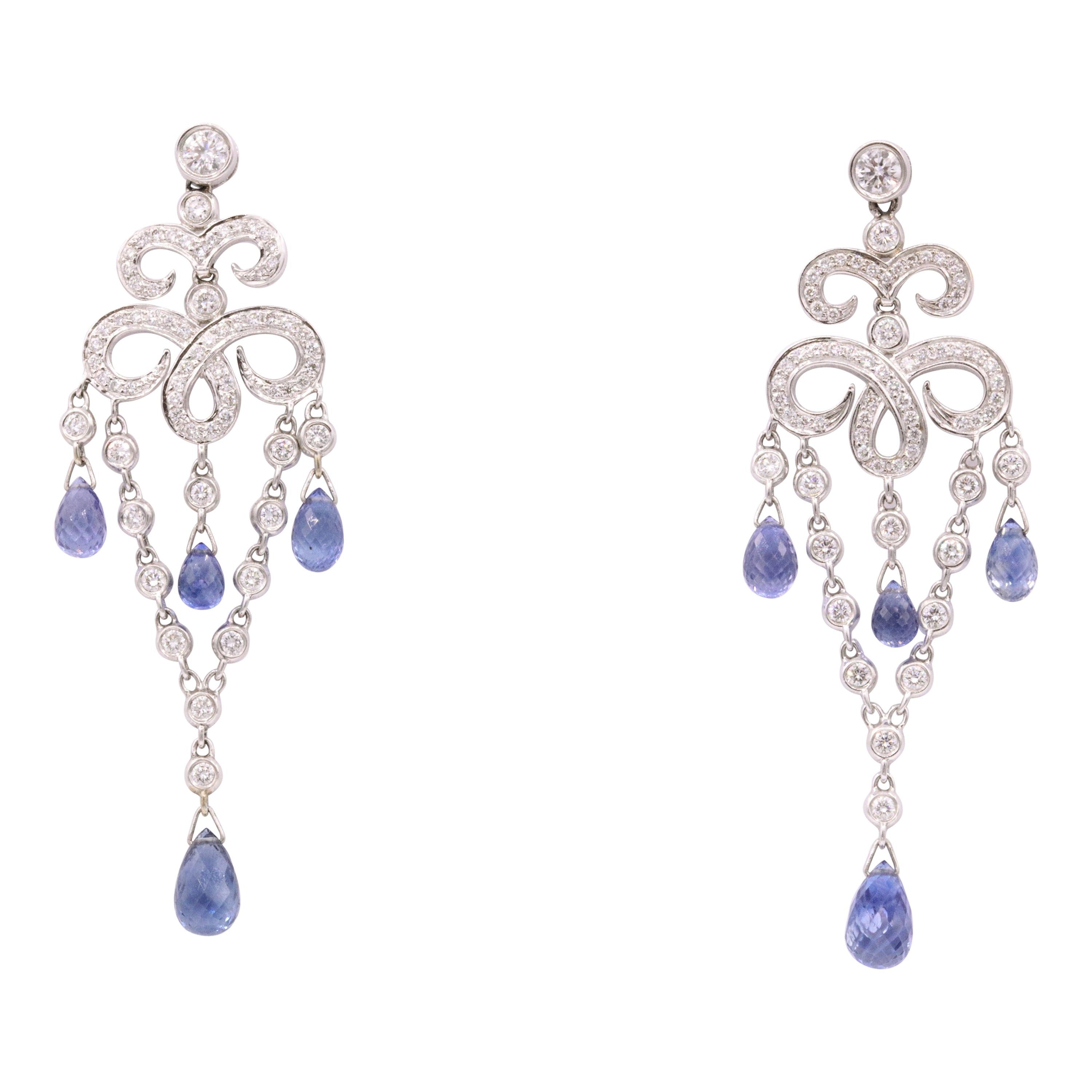 Sapphire Diamond Deco Inspired Drop Earrings 7.71 Carat 18 Karat White Gold For Sale