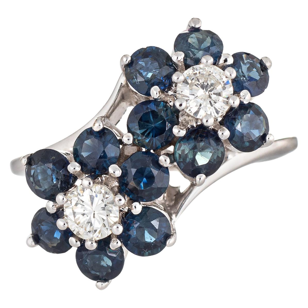 Sapphire Diamond Double Flower Ring Moi et Toi 14 Karat Gold Vintage Jewelry