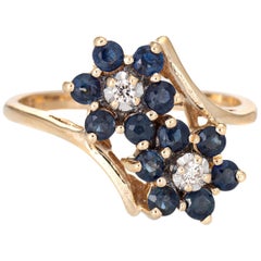 Sapphire Diamond Double Flower Ring Toi Et Moi 10 Karat Gold Vintage Jewelry