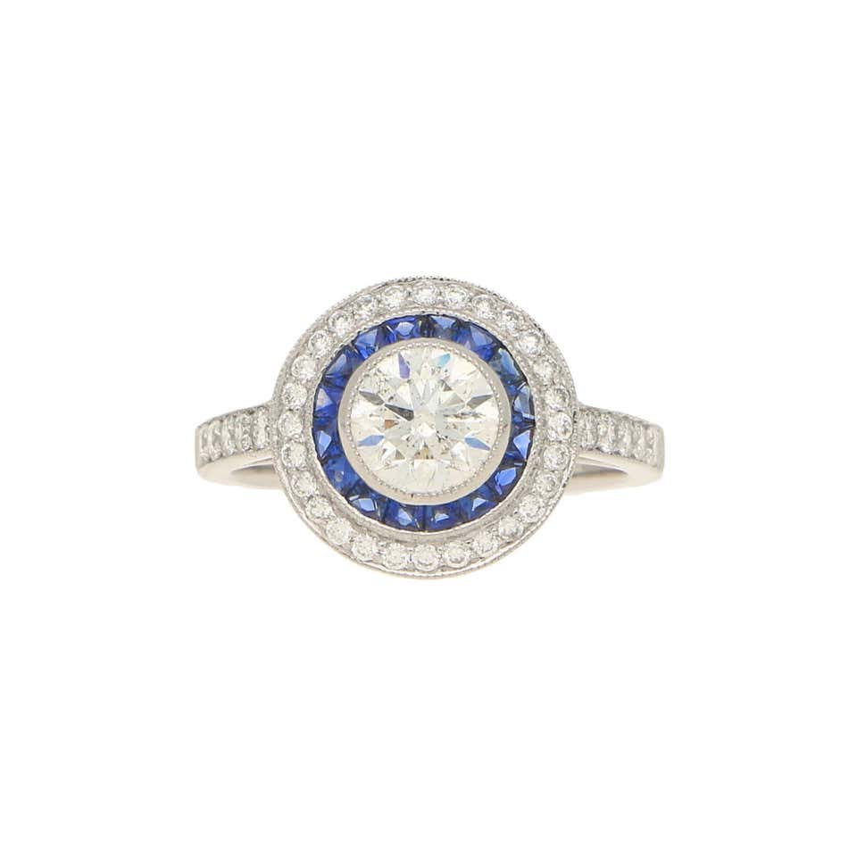 Art Deco Style Sapphire and Diamond Double Target Engagement Ring in ...