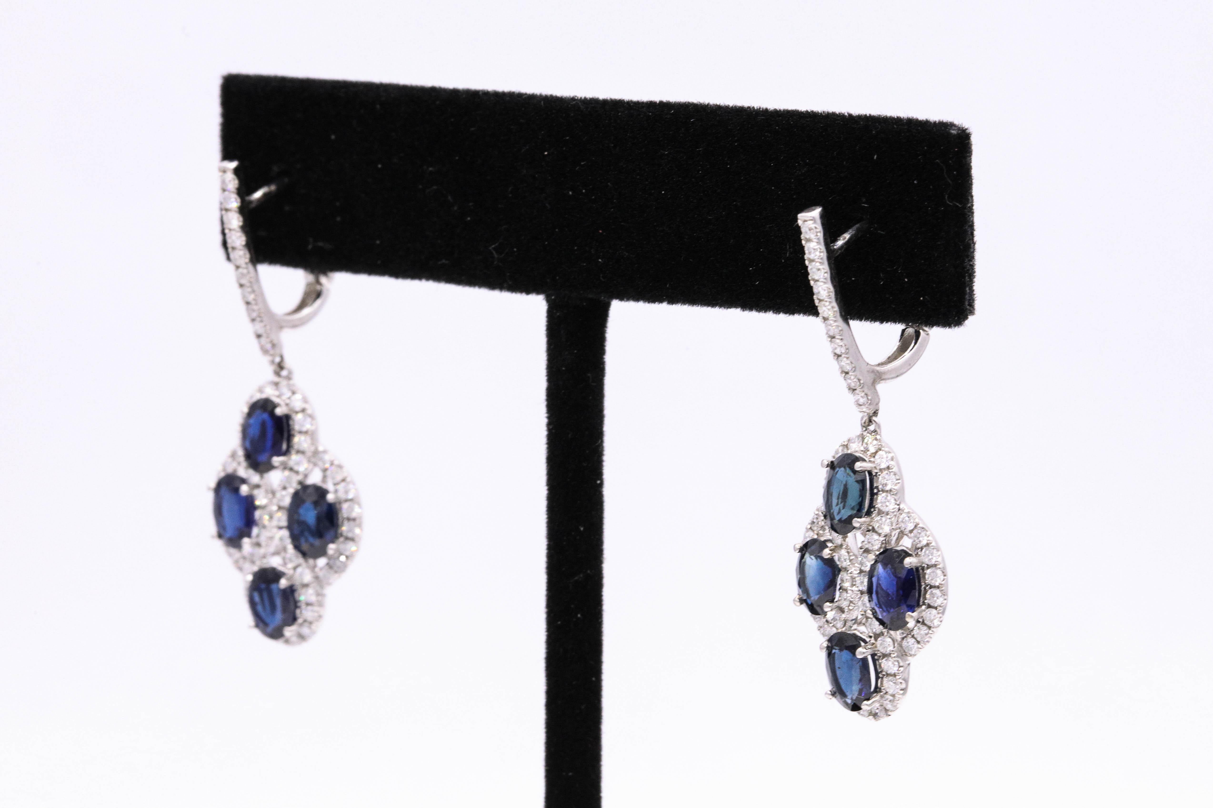 Sapphire Diamond Drop Earrings 6 Carat 14 White Gold In New Condition In New York, NY