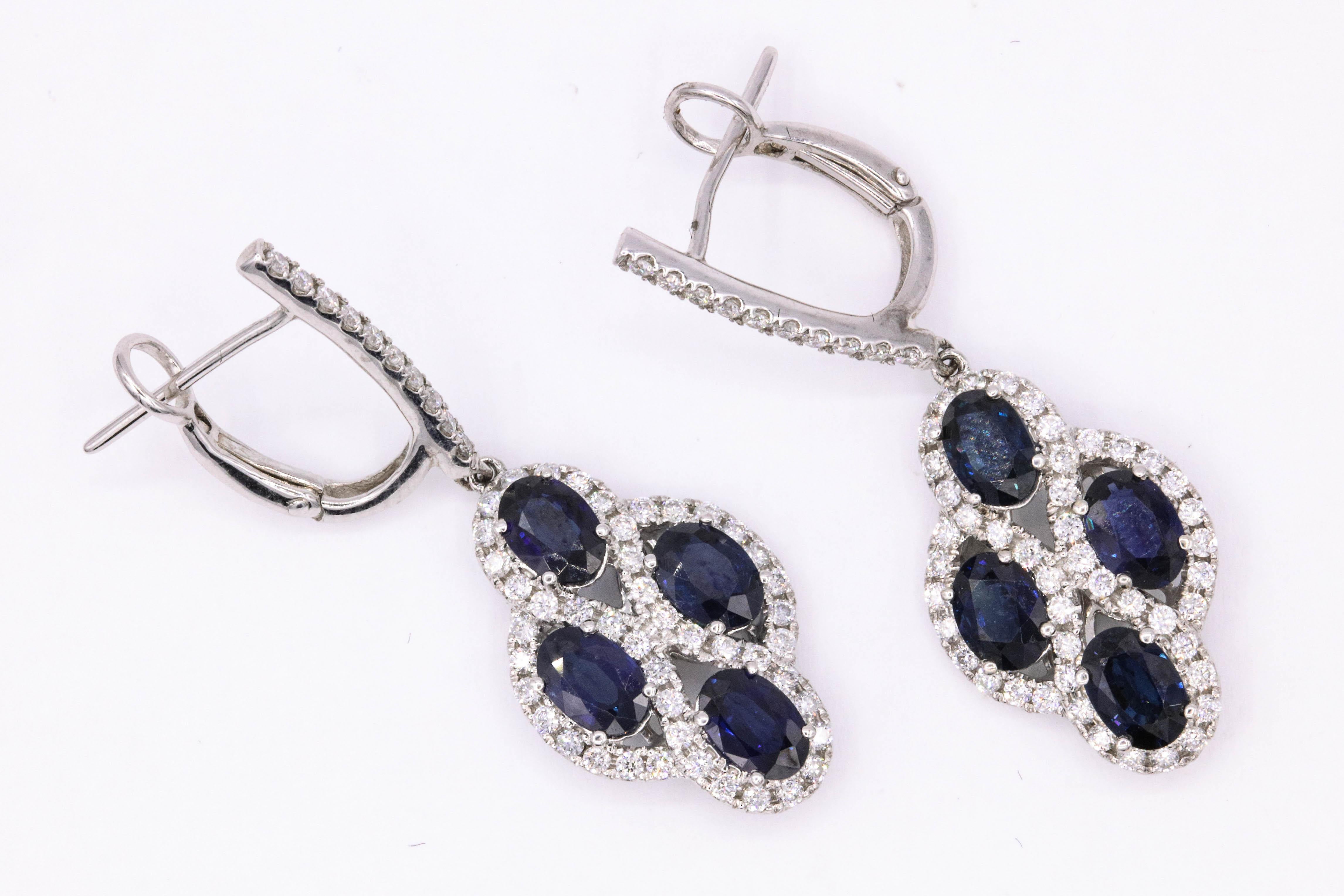 Women's Sapphire Diamond Drop Earrings 6 Carat 14 White Gold