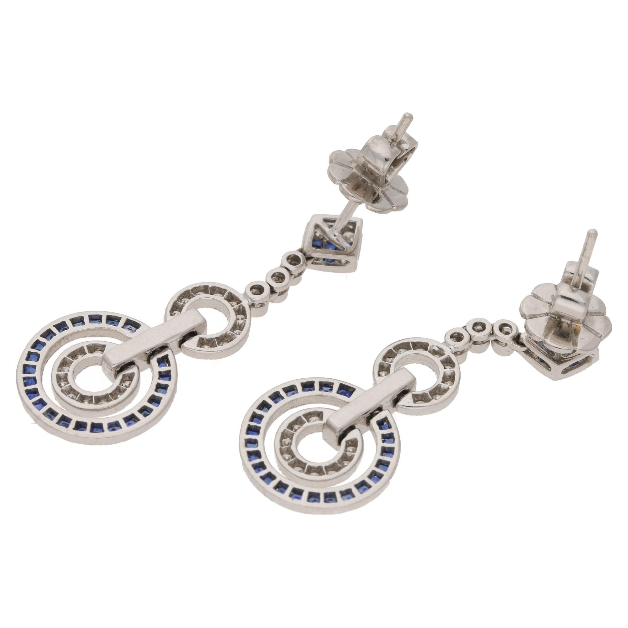 Art Deco Style Sapphire and Diamond Drop Earrings Set in 18k White Gold In Good Condition In London, GB