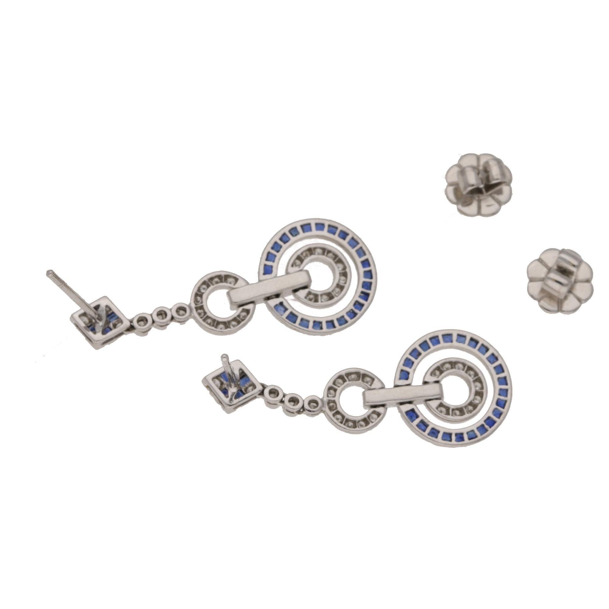 Women's or Men's Art Deco Style Sapphire and Diamond Drop Earrings Set in 18k White Gold