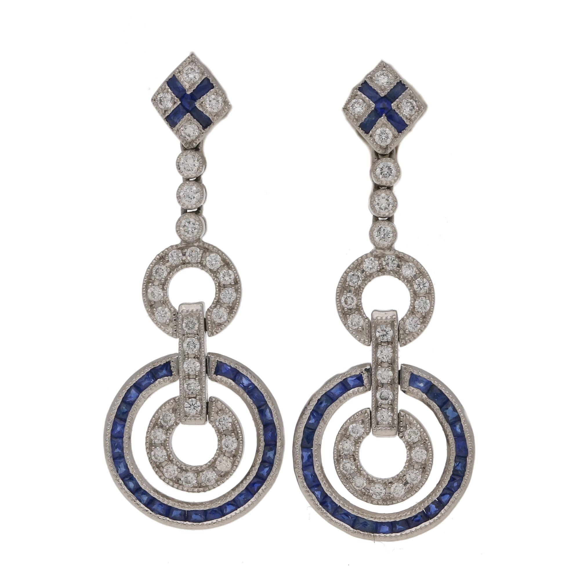 Art Deco Style Sapphire and Diamond Drop Earrings Set in 18k White Gold