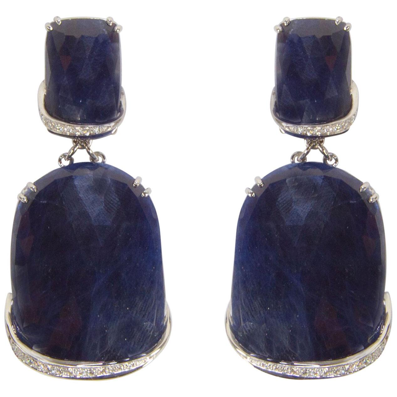Sapphire and Diamond Drop Gold Statement Earrings Estate Fine Jewelry For Sale