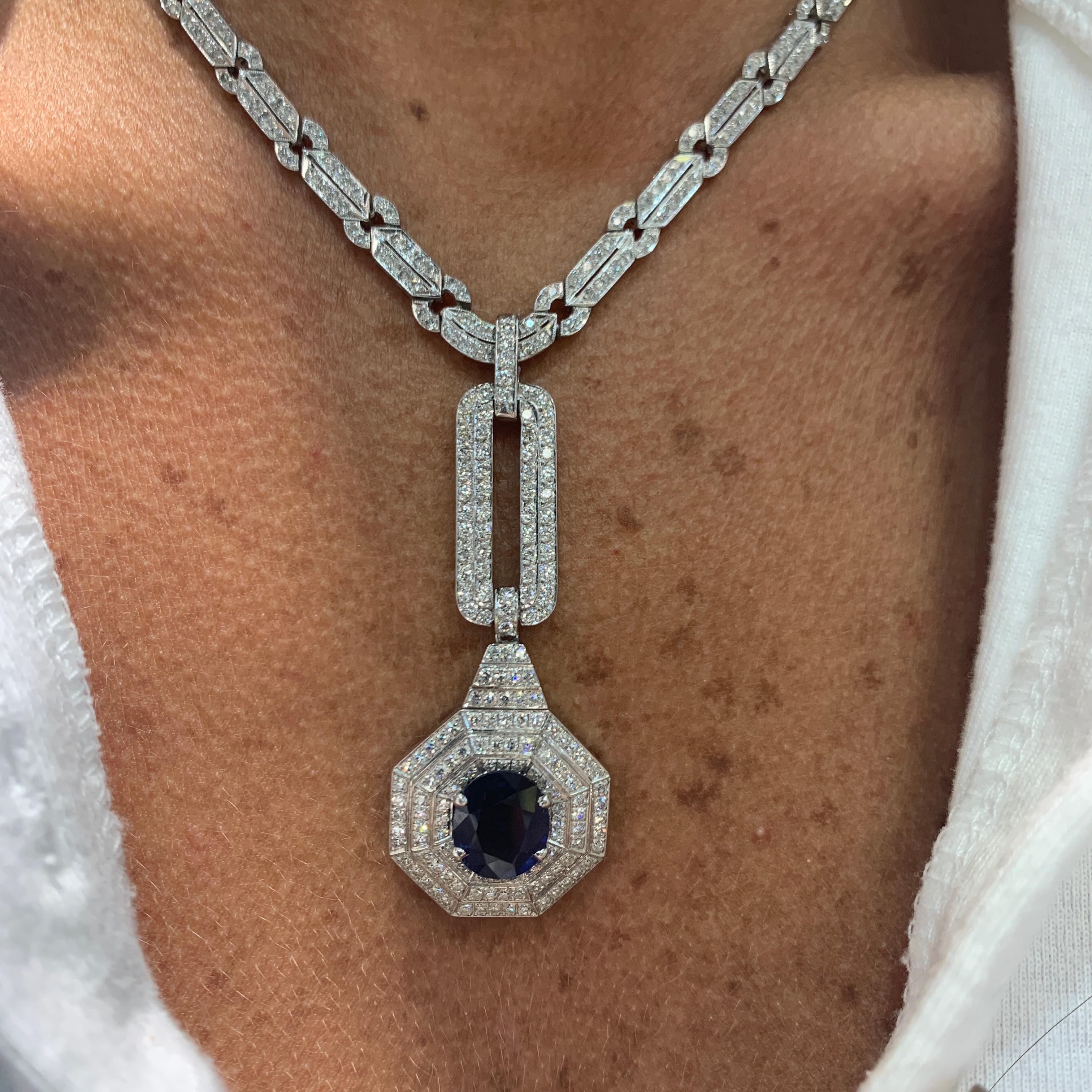Sapphire & Diamond Drop Necklace 
1 Oval Cut Sapphire approximately  4 carats
563 Diamonds approximately 
Necklace Length: 15.5
