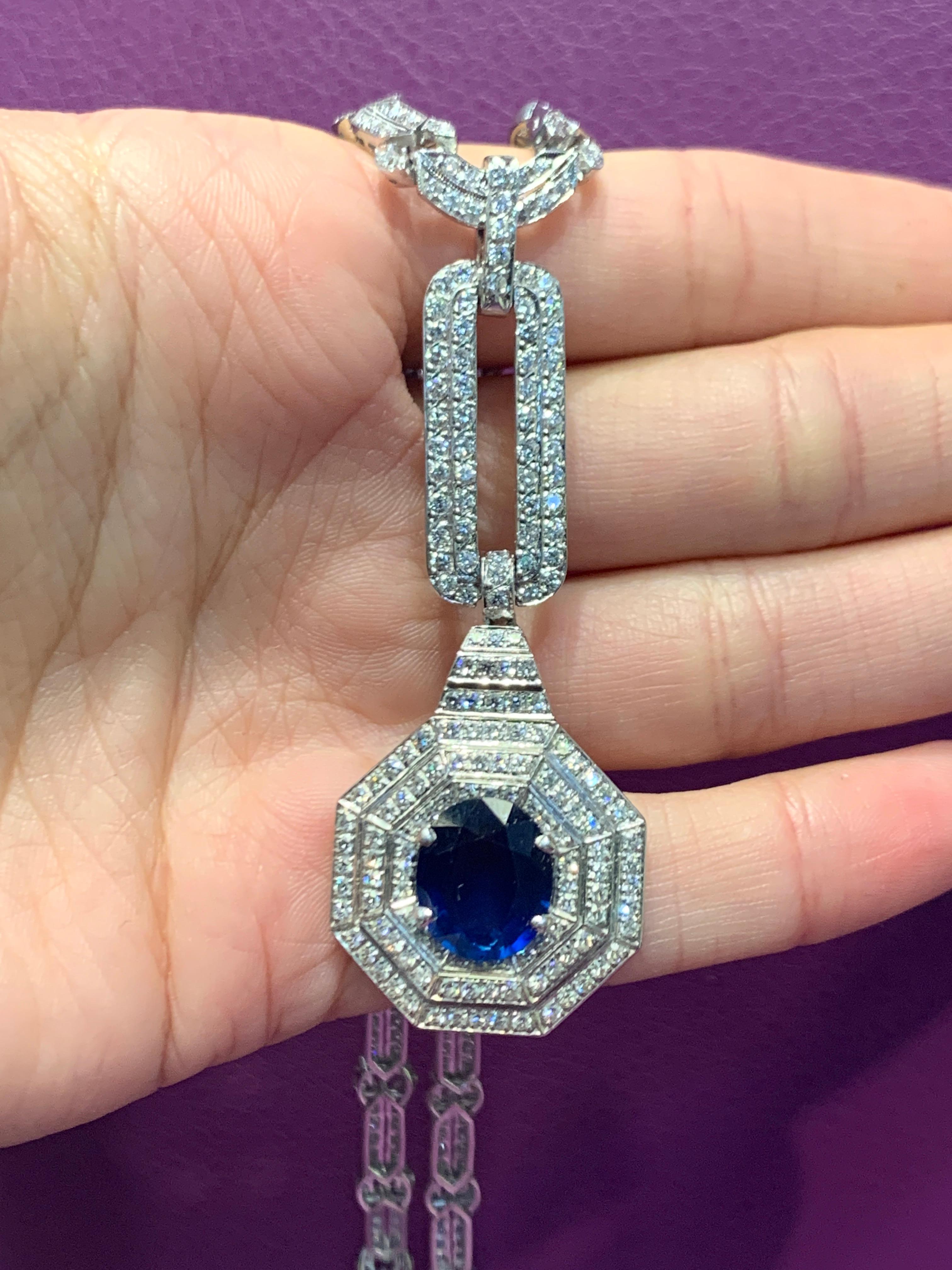 Oval Cut Sapphire and Diamond Drop Necklace For Sale