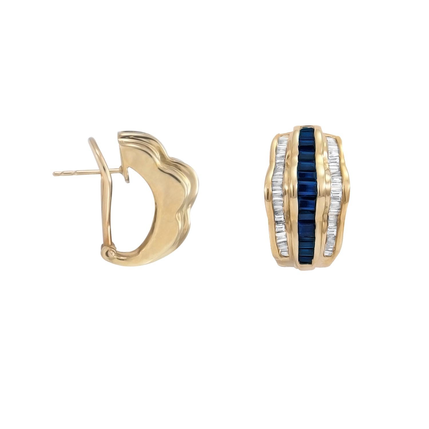 Beautiful wavy diamond and sapphire art deco earrings designed by Orostar. These charming women's earrings are available in stock.
* Metal: 14 Karat Yellow Gold
* Gold Weight: 7.6 grams
* Diamond Weight: 1.65 Carats
* Diamond Color Grade:  I
*