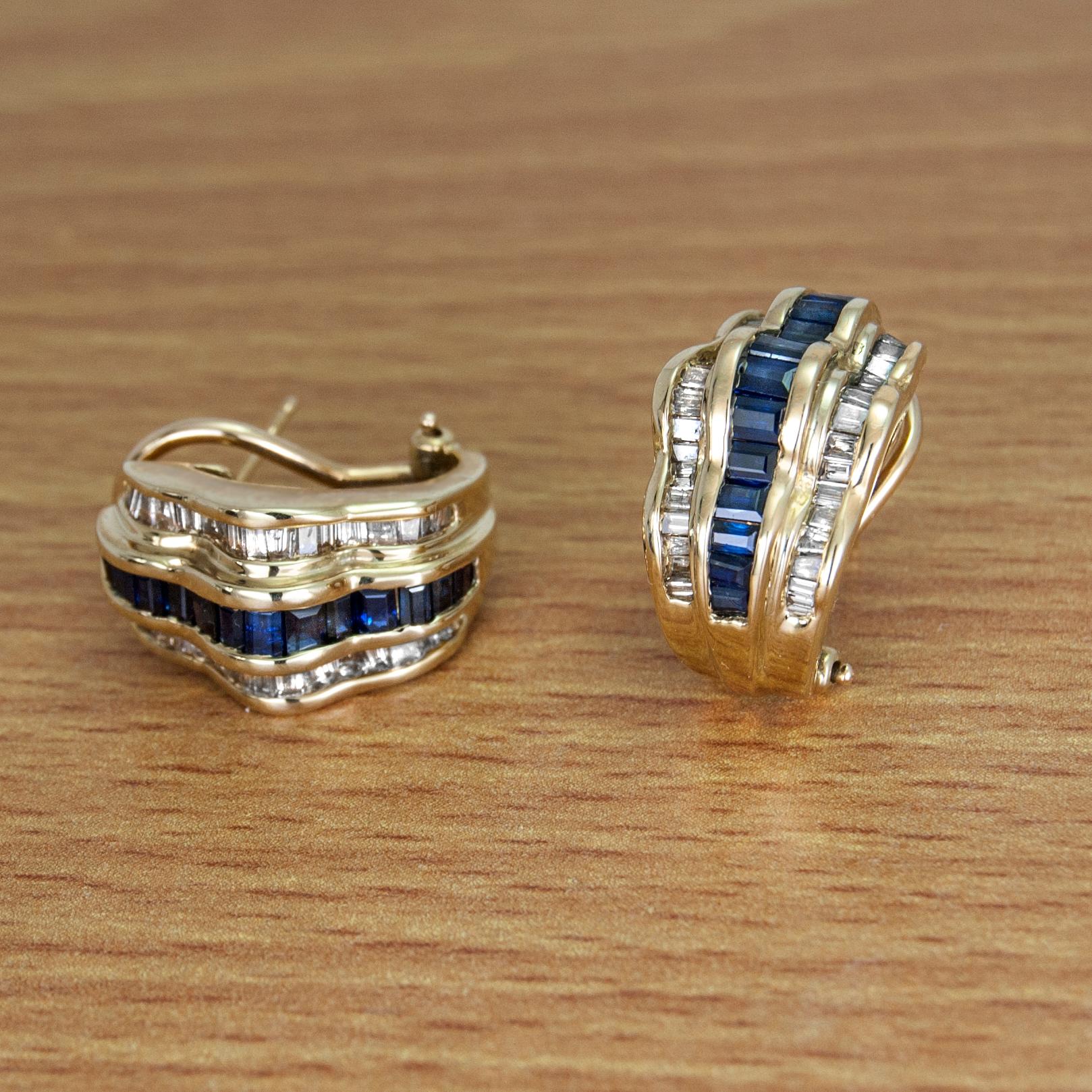 Art Deco Sapphire Diamond Earrings 14 Karat Gold For Sale