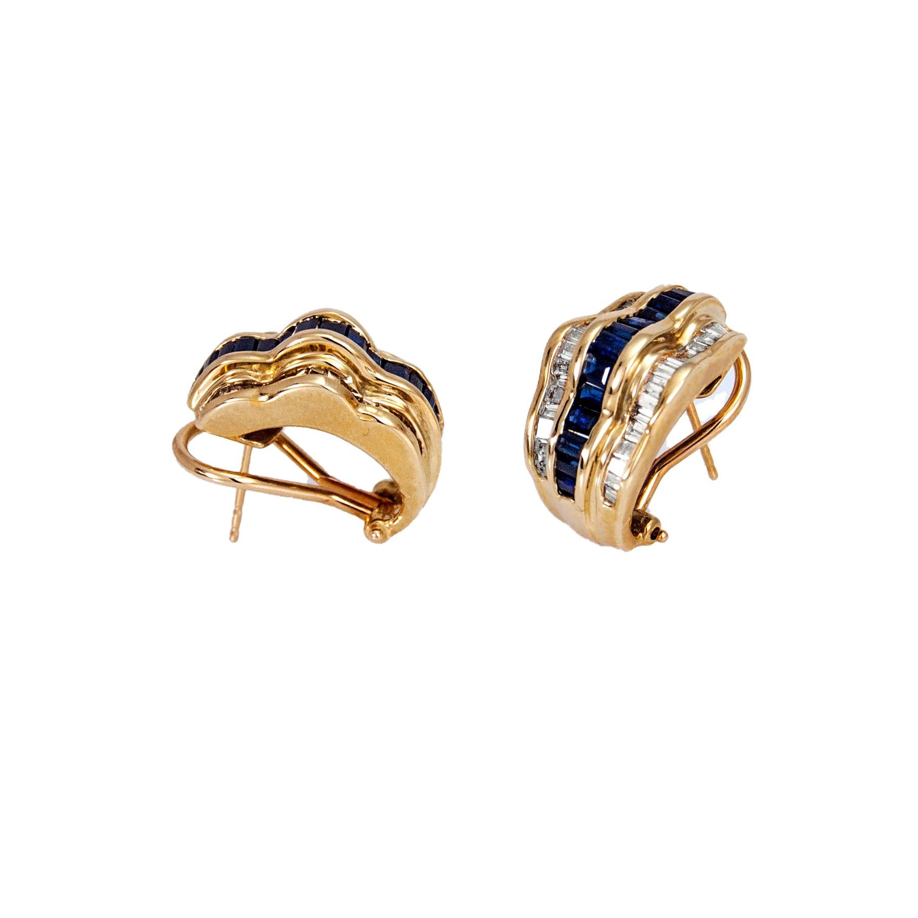 Baguette Cut Sapphire Diamond Earrings 14 Karat Gold For Sale