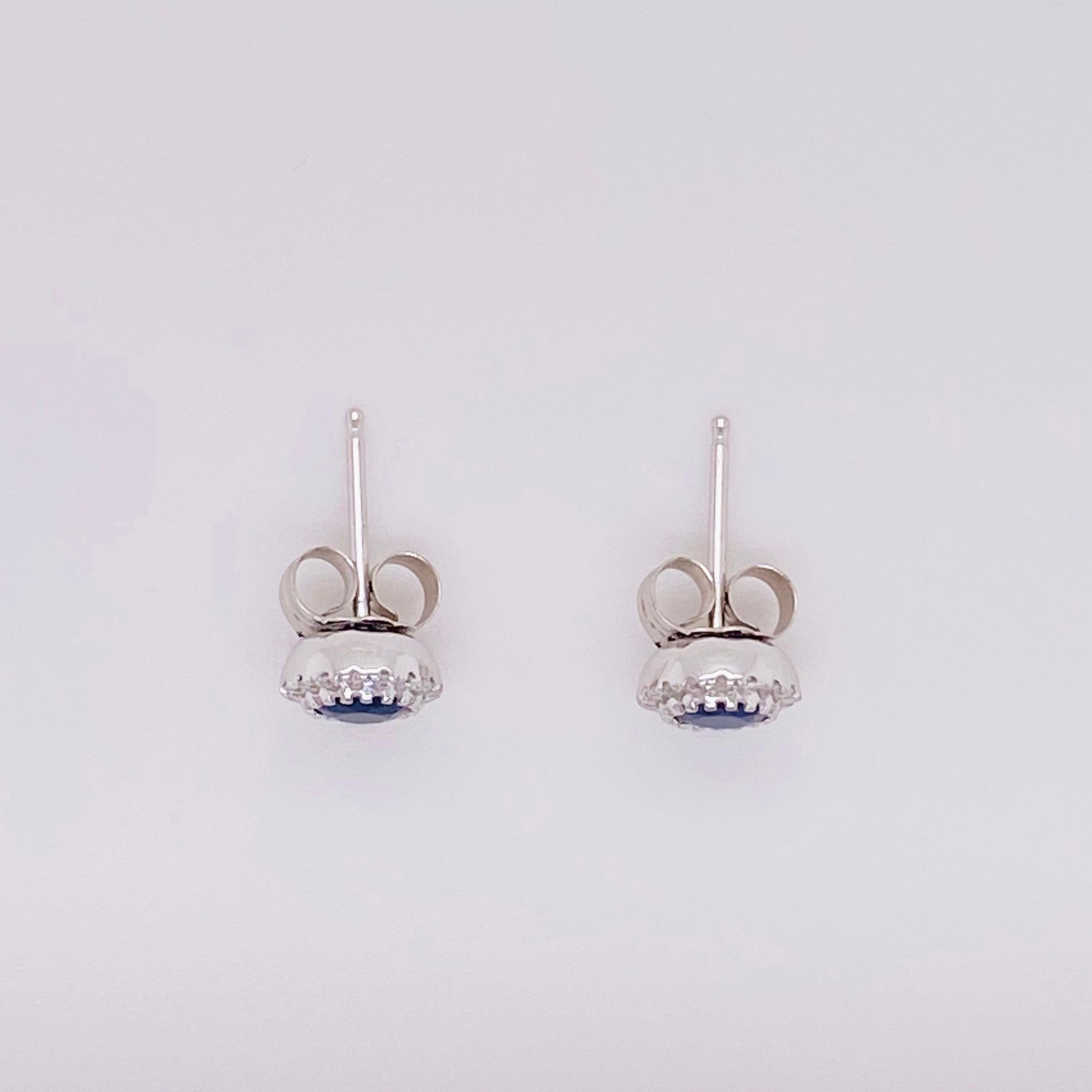 Modern Sapphire Diamond Earrings, .7 Carat Blue, .11 Carat Diamond, Studs, White Gold For Sale