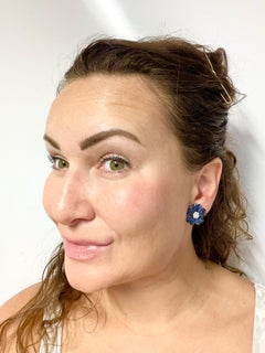 Sapphire Diamond Earrings Cocktail Large Floral Earrings 18kt White Gold Clips