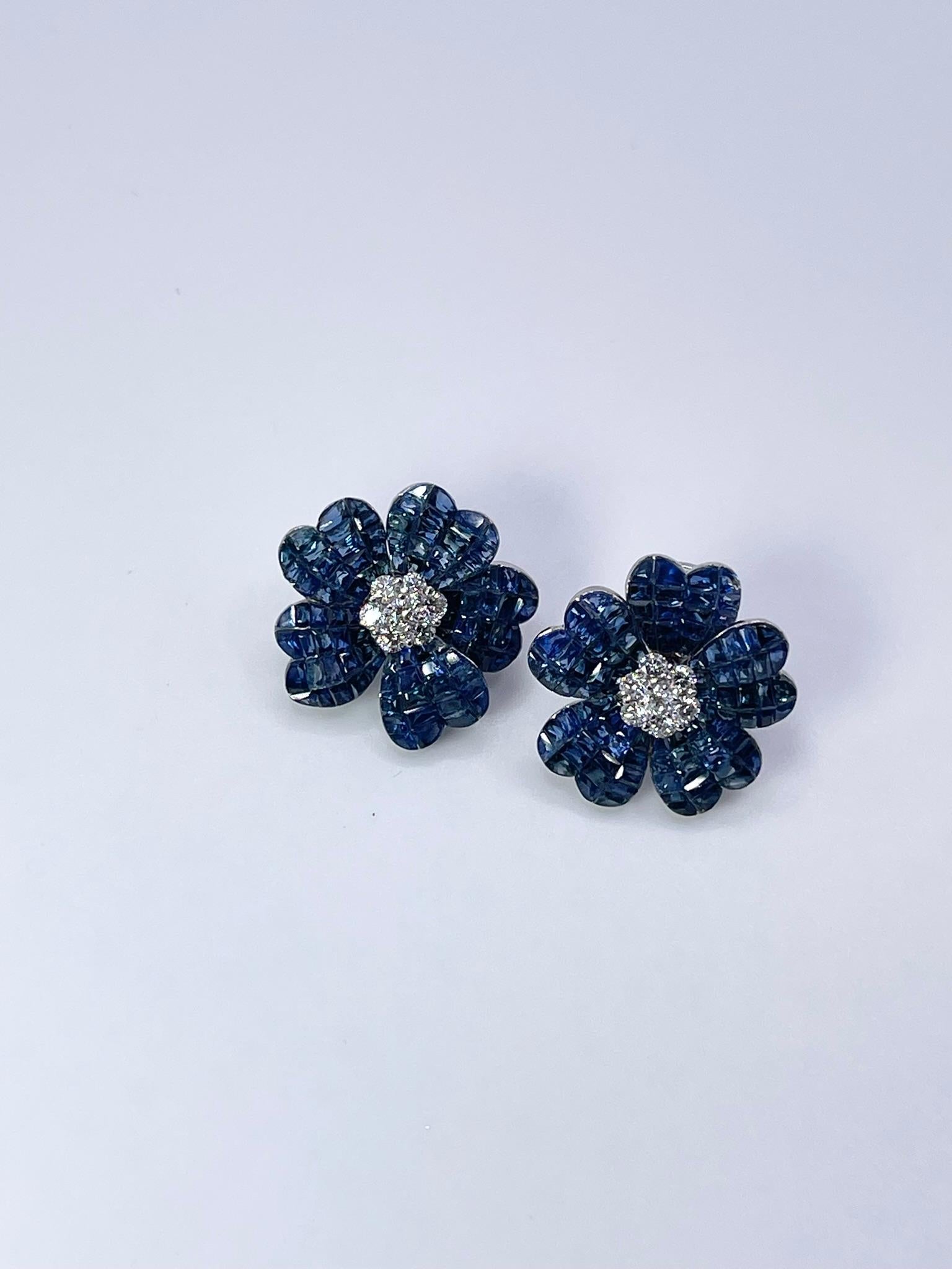 Modern Sapphire Diamond Earrings Cocktail Large Floral Earrings 18kt White Gold Clips For Sale