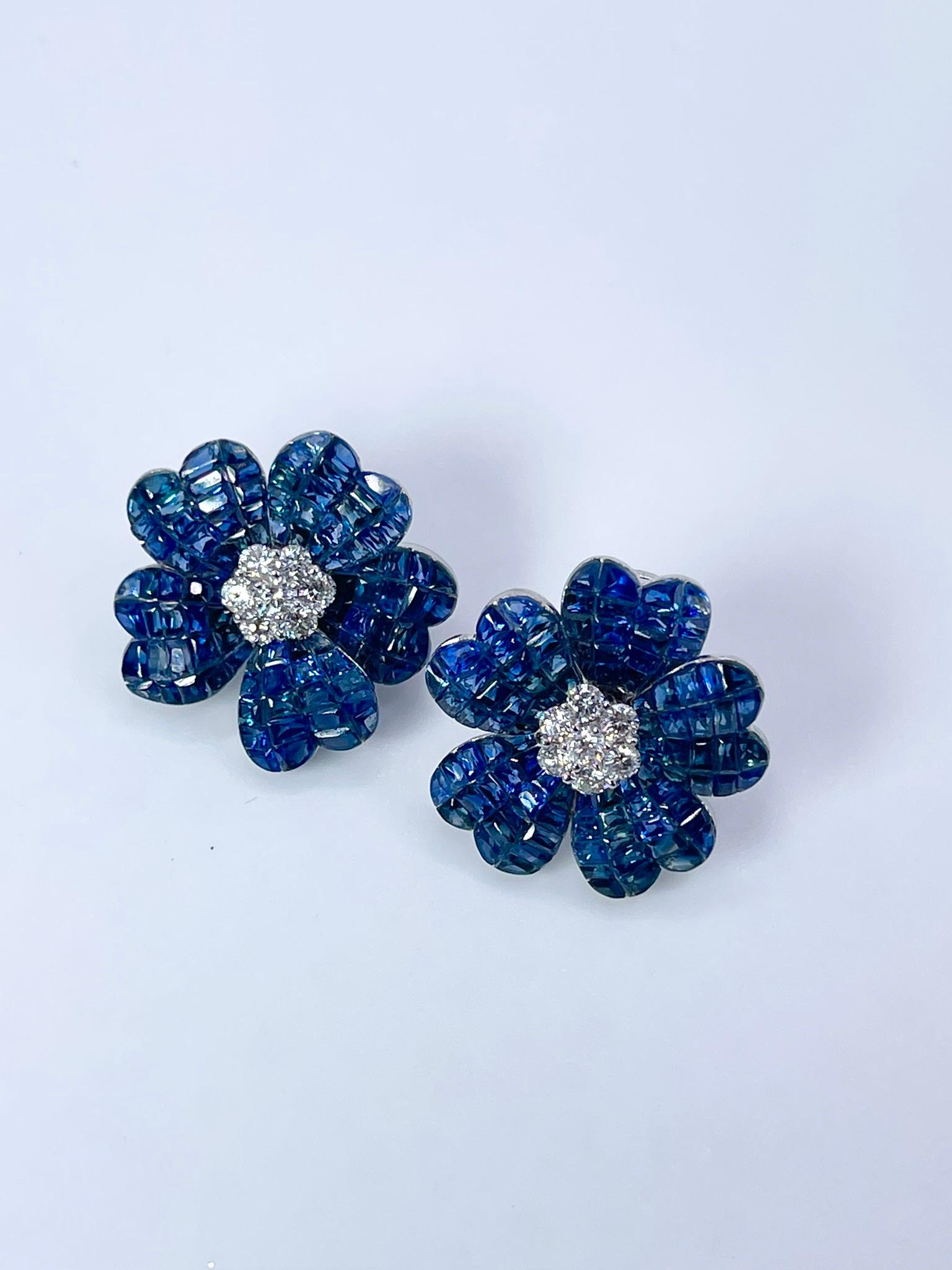 Sapphire Diamond Earrings Cocktail Large Floral Earrings 18kt White Gold Clips For Sale 1