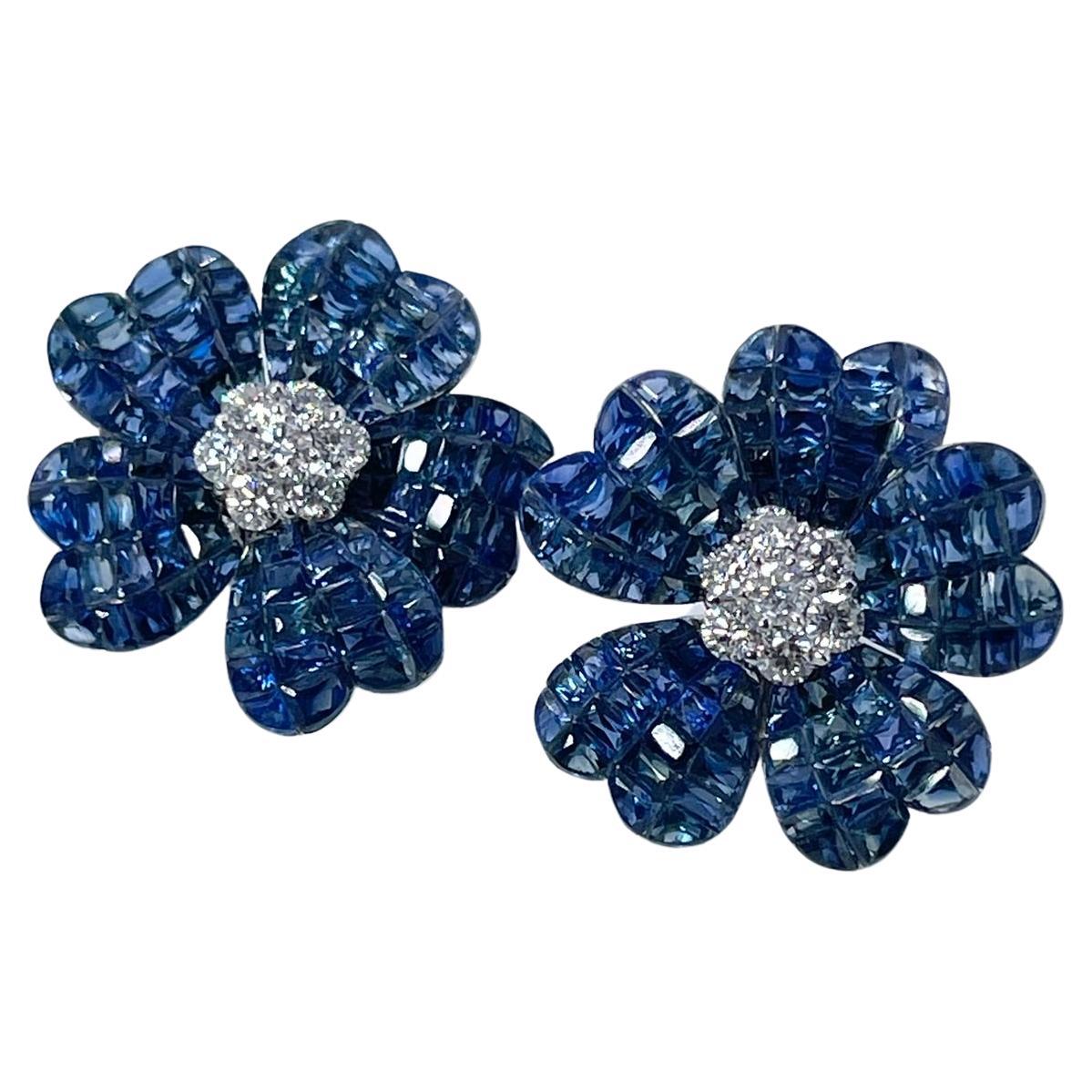 Sapphire Diamond Earrings Cocktail Large Floral Earrings 18kt White Gold Clips For Sale