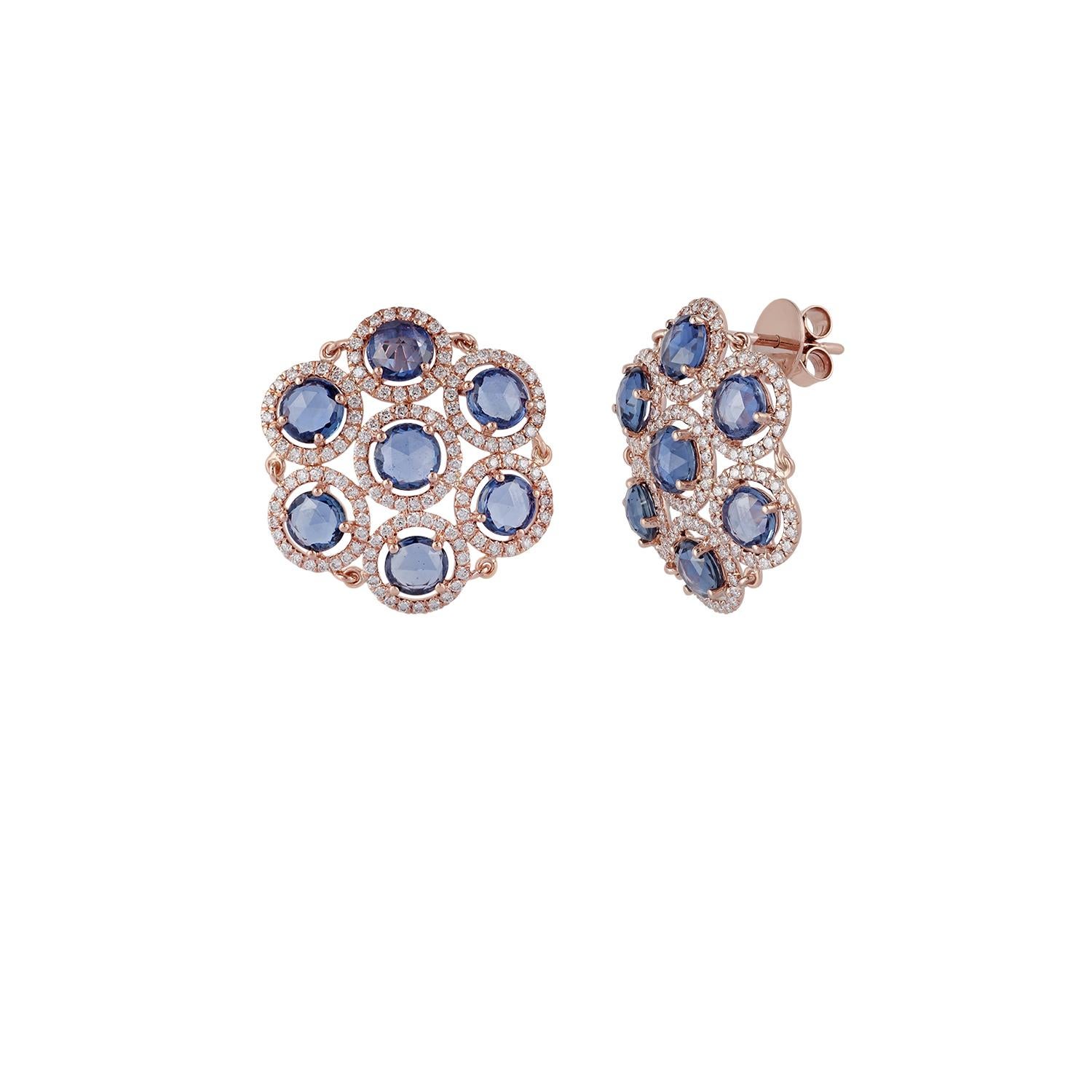 These are elegant & contemporary style earrings studded in 18K rose gold features 14 pieces of round shaped rose cut sapphires weight 8.30 carats with 266 pieces of round shaped brilliant cut diamonds weight 1.34 carats, this entire earring pair is