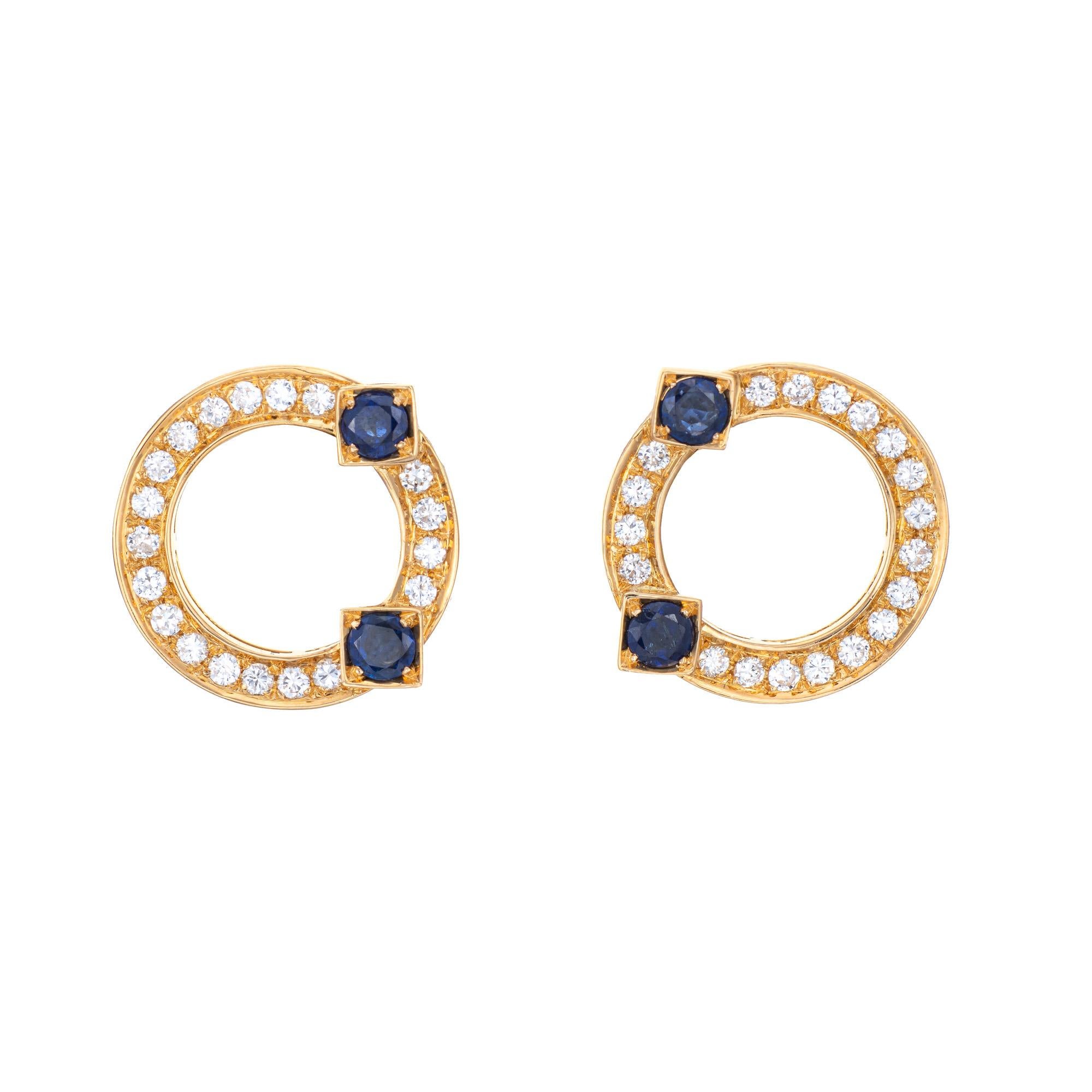 Round Cut Sapphire Diamond Earrings Vintage 18k Yellow Gold Circle Studs Fine Jewelry For Sale