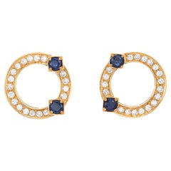 Sapphire Diamond Earrings Vintage 18k Yellow Gold Circle Studs Fine Jewelry